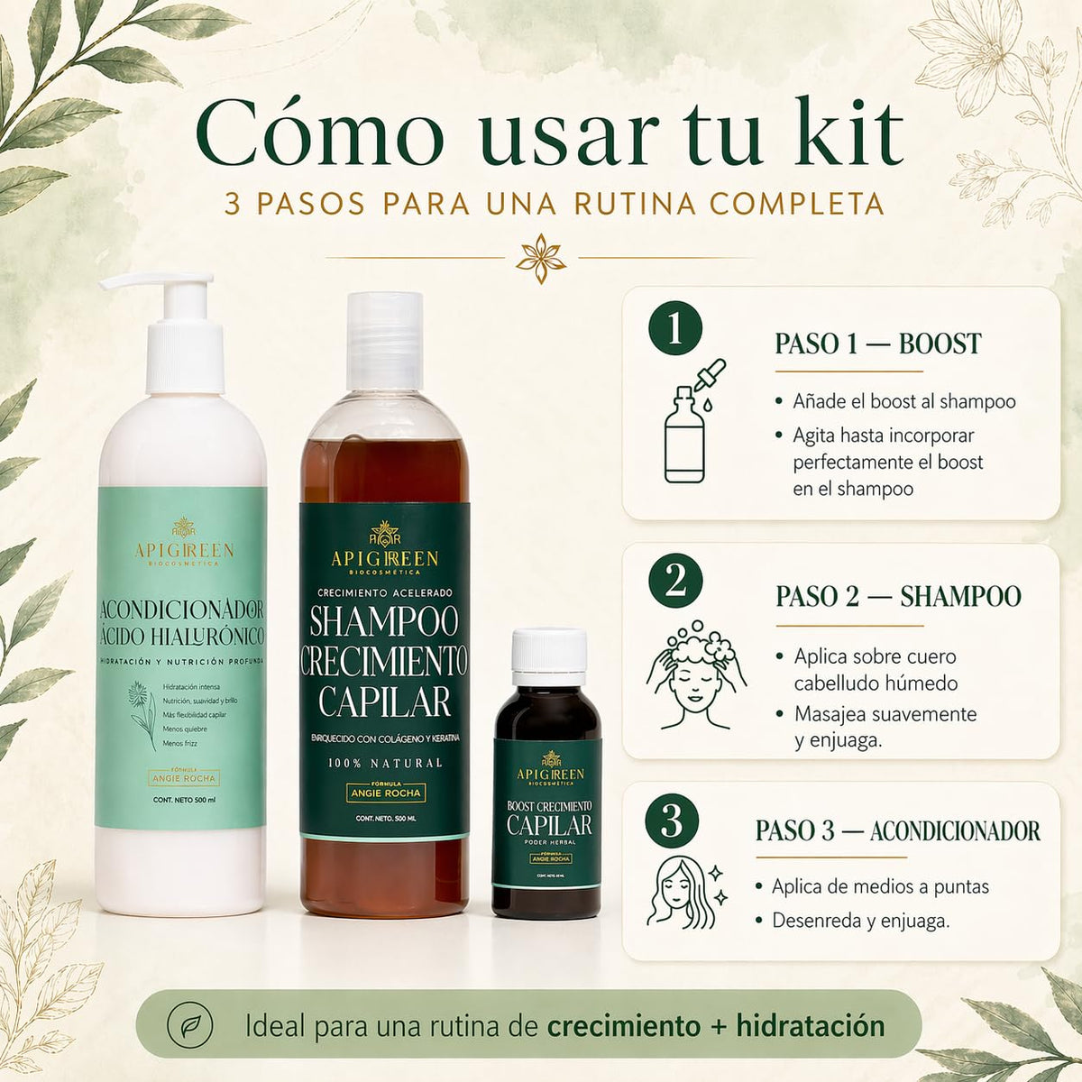Kit Capilar Apigreen Negro para Crecimiento y Fortalecimiento del Cabello con Ácido Hialurónico