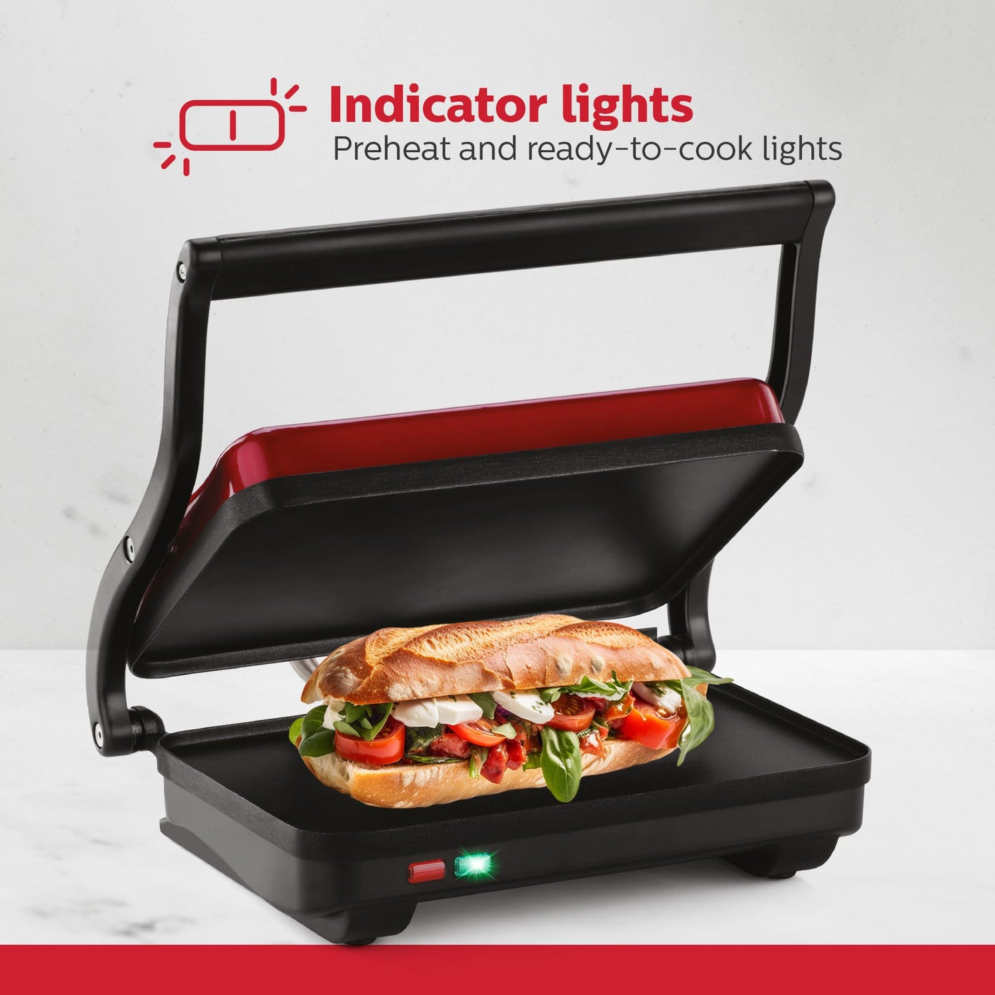 Holstein Housewares - Plancha eléctrica de 2 rebanadas, sandwichera antiadherente con temperatura ajustable, mango de tacto fresco, rojo metálico