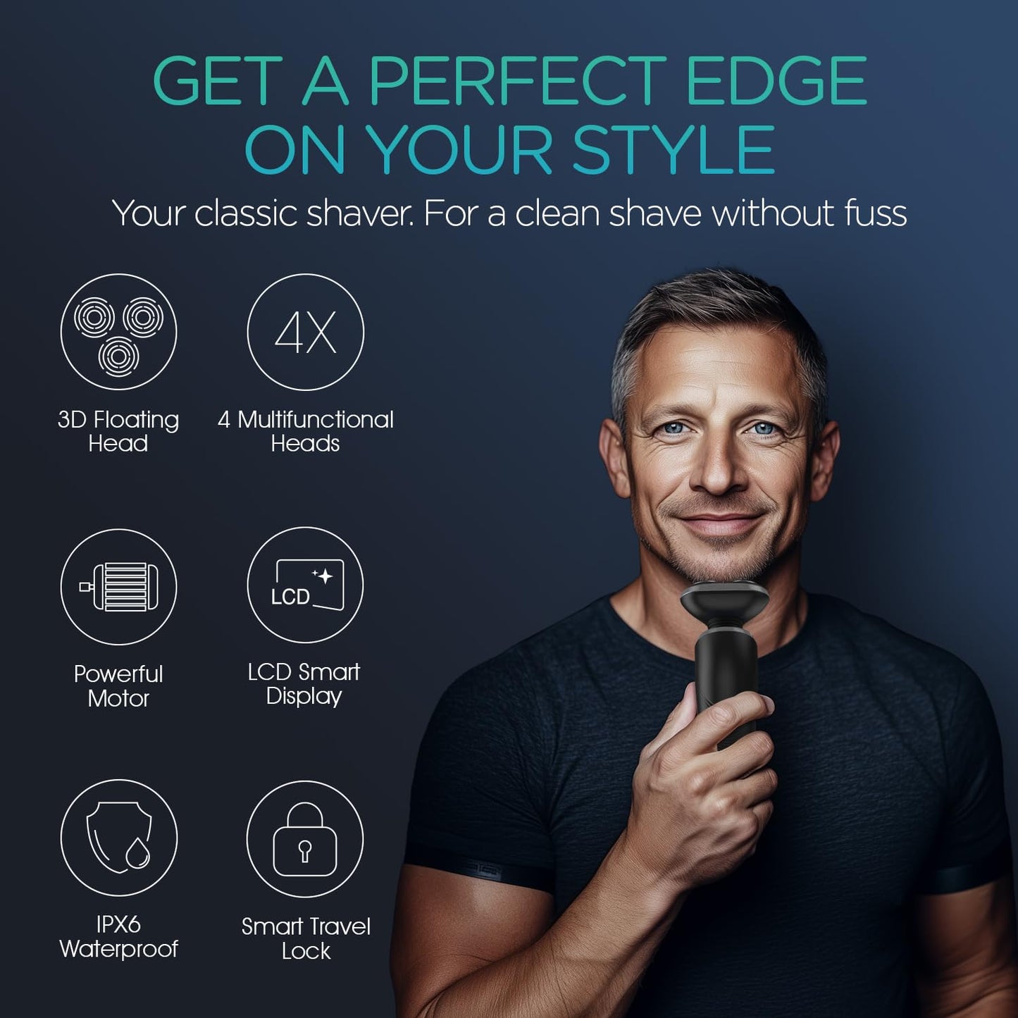 VOYOR - Maquinilla de afeitar eléctrica recargable para hombre, rotatoria 3D para hombre, máquina de afeitar 4 en 1, kit de afeitado para nariz, pantalla LCD húmeda y seca y bloqueo de viaje, TX410