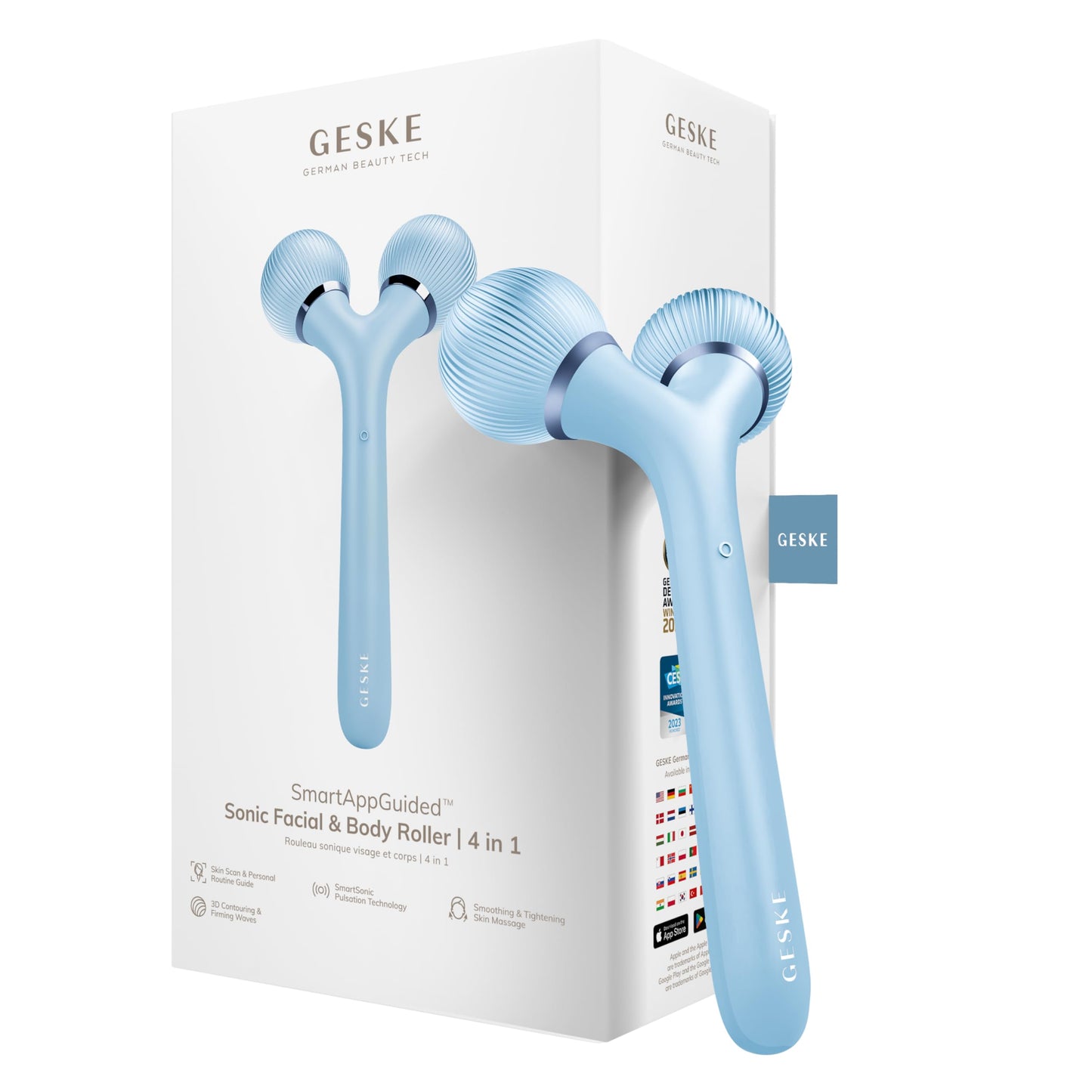 GESKE | Rodillo facial y corporal sónico SmartAppGuided™ | 4 en 1 | rodillo derma | Dispositivo para rostro y cuerpo | rodillo derma | Rodillo facial profesional | Reafirma y define cuerpo y rostro