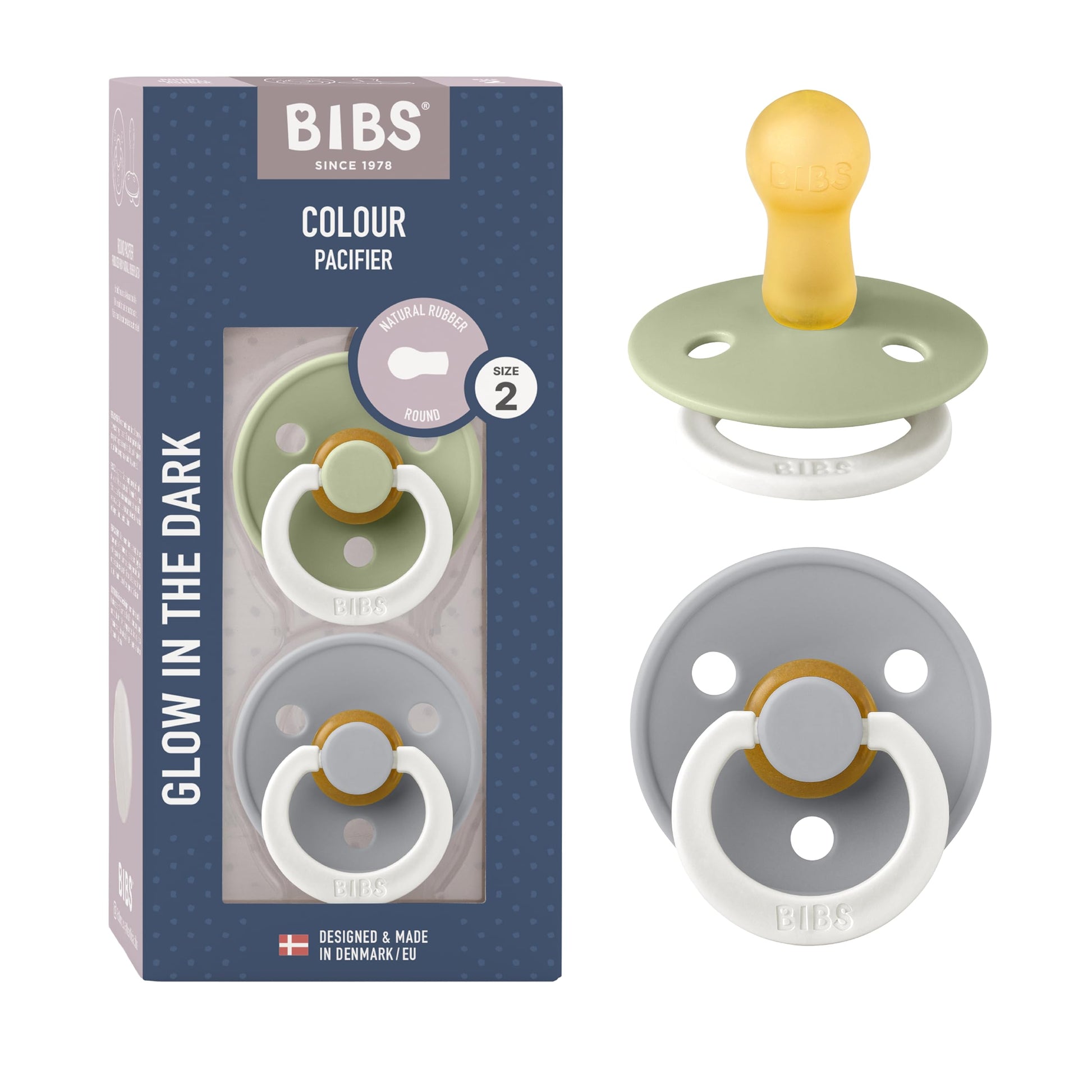 BIBS chupetes caucho natural Brillan en la oscuridad 6-18 meses meses 2 pza Sage Night/Cloud Night