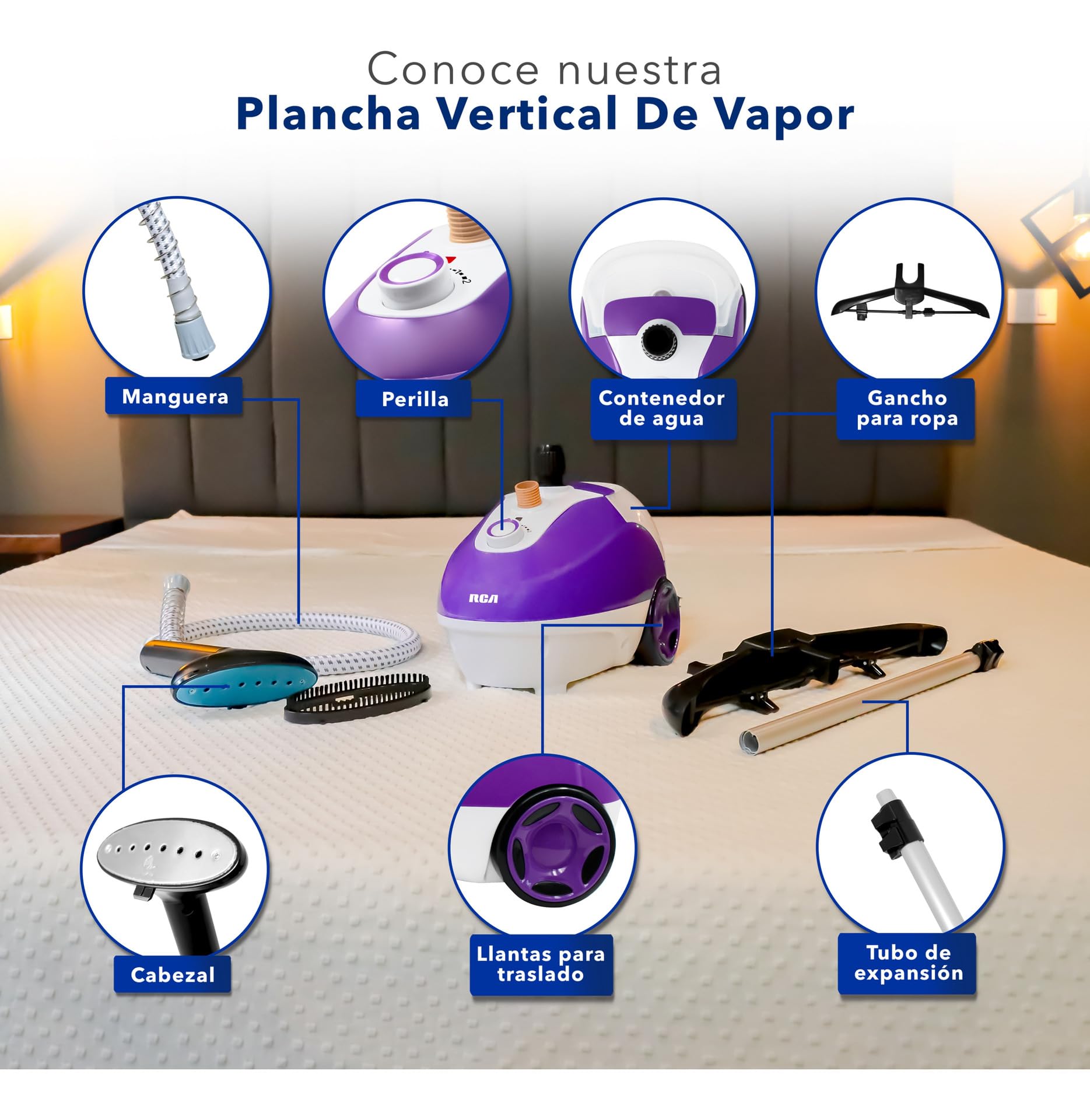 Plancha de Vapor Vertical RCA morada Capacidad 1.3 Litros con Tubo Ajustable y Vapor Continuo