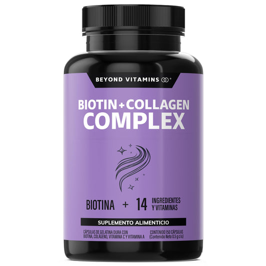 Biotin+Collagen Complex- Contiene Biotina + Colágeno + 15 Ingredientes y Vitaminas - Suplemento Vitamínico - Suplemento Alimenticio en Cápsulas - Sin Azúcar-Ingredientes NON GMO-150 cápsulas para 150 días.