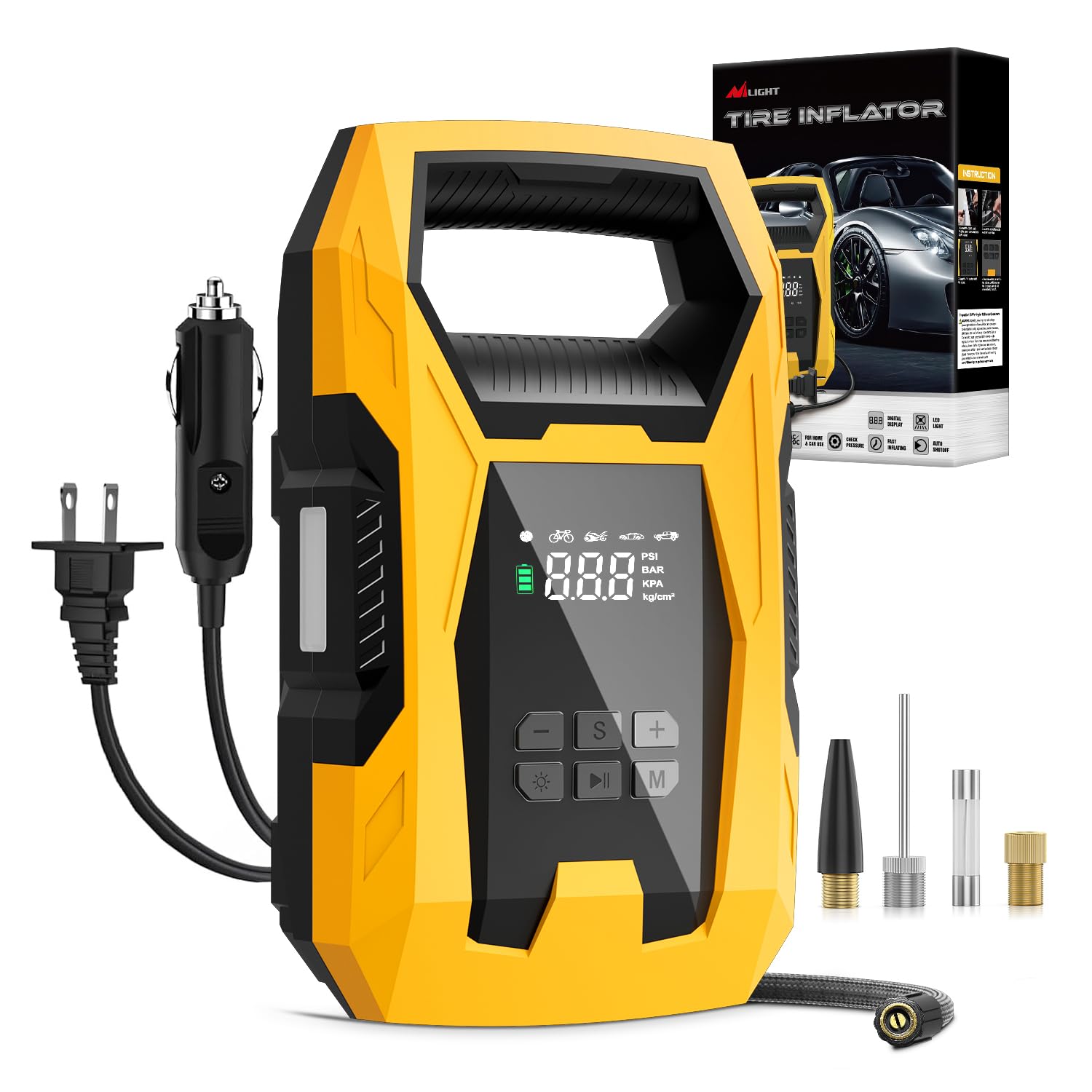 Nilight - Inflador de neumáticos AC/DC, compresor de aire portátil, fuente de alimentación doble, 110 V, CA, 12 V, CC, 150 PSI, inflado rápido, resistente con indicador de presión de luz LED, bomba de