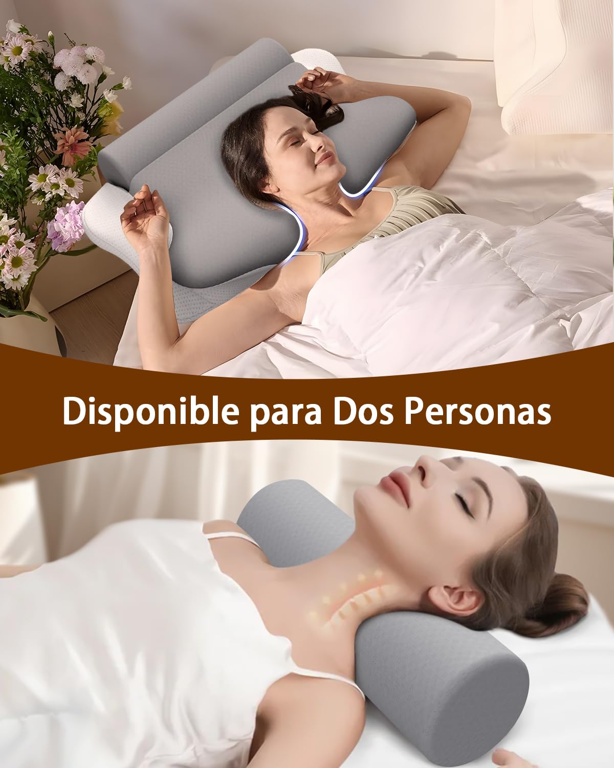 Almohada Cervical y Almohadas Cilíndrica - 2 en 1, Almohada Ortopédica Desmontable para Aliviar el Dolor de Cuello, con Soporte para Dormir de Lado, Boca Arriba y Abajo, de Espuma Viscoelástica