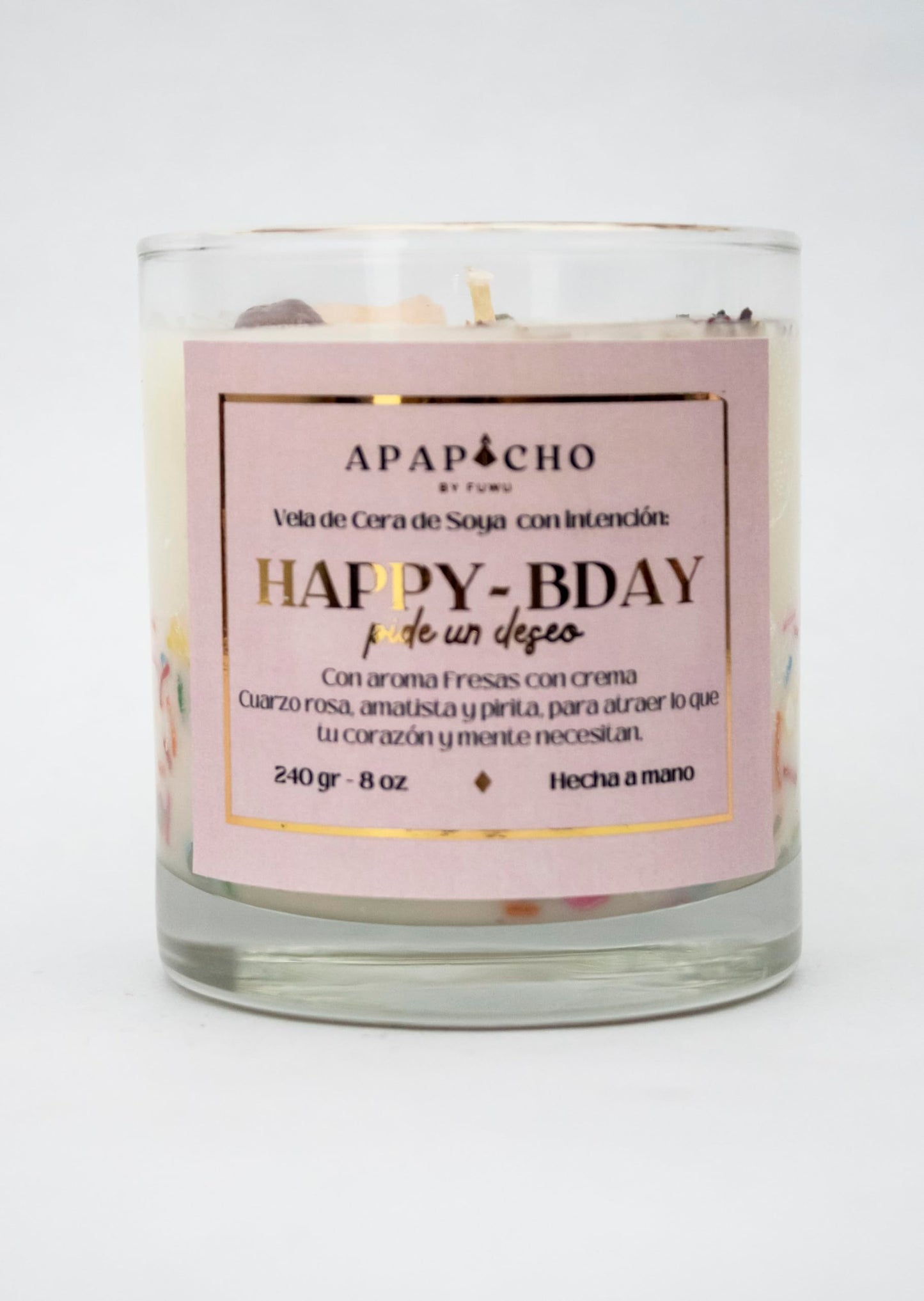 Fuwu, velas aromaticas relajantes Happy Birthday de cera de soya con cuarzos naturales, velas decorativas hechas a mano con hierbas, aromatizantes para hogar, regalos de cumpleaños (Fresas con crema)