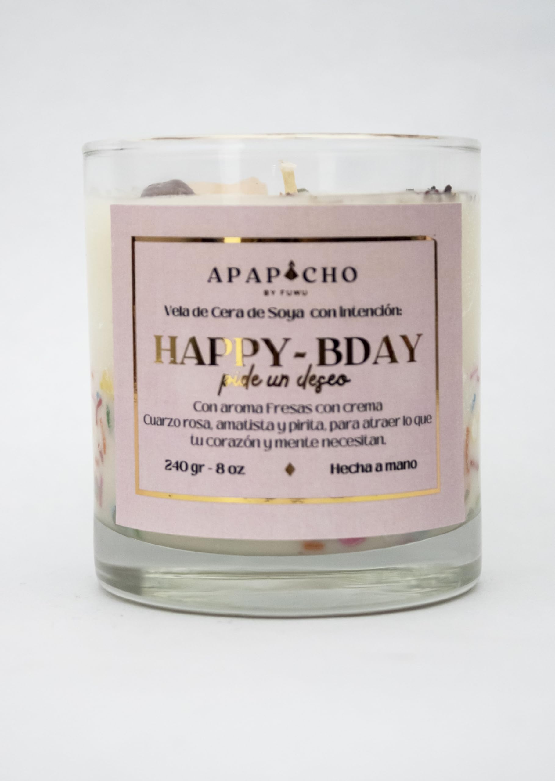Fuwu, velas aromaticas relajantes Happy Birthday de cera de soya con cuarzos naturales, velas decorativas hechas a mano con hierbas, aromatizantes para hogar, regalos de cumpleaños (Fresas con crema)