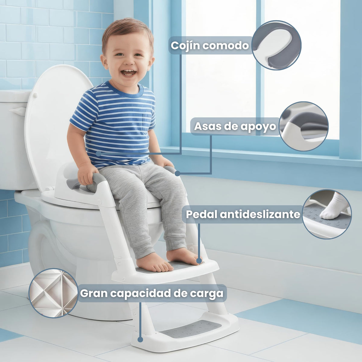 Timotech Asiento de Entrenamiento para Baño con Escalera Plegable y Cojín Suave, Adaptador de Inodoro Infantil con Agarraderas de Seguridad y Escalón Antideslizante para Niños y Niñas, Gris/Blanco
