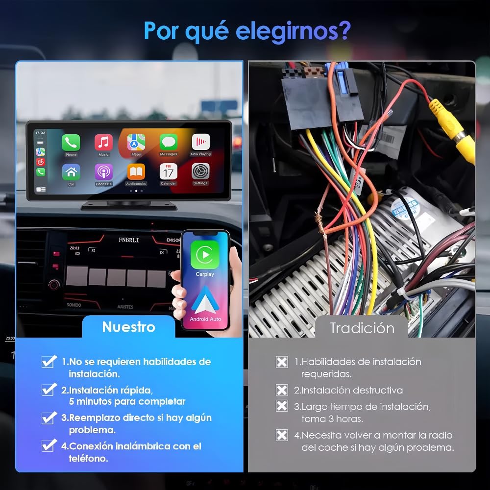 FINYQBET Autoestereos para Carro de 10.3 Pulgadas,Estéreo para Pantalla Carplay para Auto con Android Auto, para vehículos de 7V - 32V, Pantalla HD 1024 * 600,FM Bluetooth y más，Desmontable
