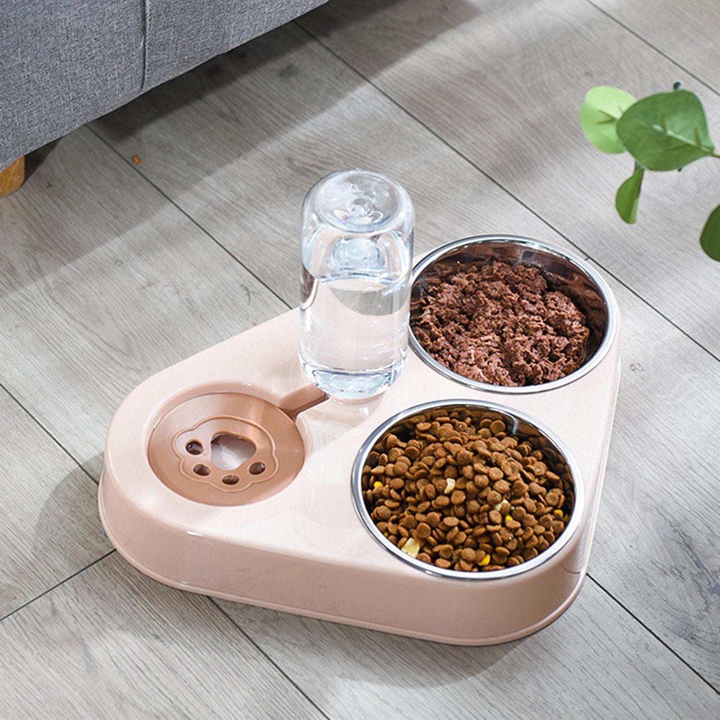 Cuencos Dobles para Perros y Gatos, Juego de Cuencos para Comida Con Botella de Agua para Mascotas, Cuencos Triples para Evitar Derrames con Botella de Agua Automática para Perros y Gatos(Rosa)