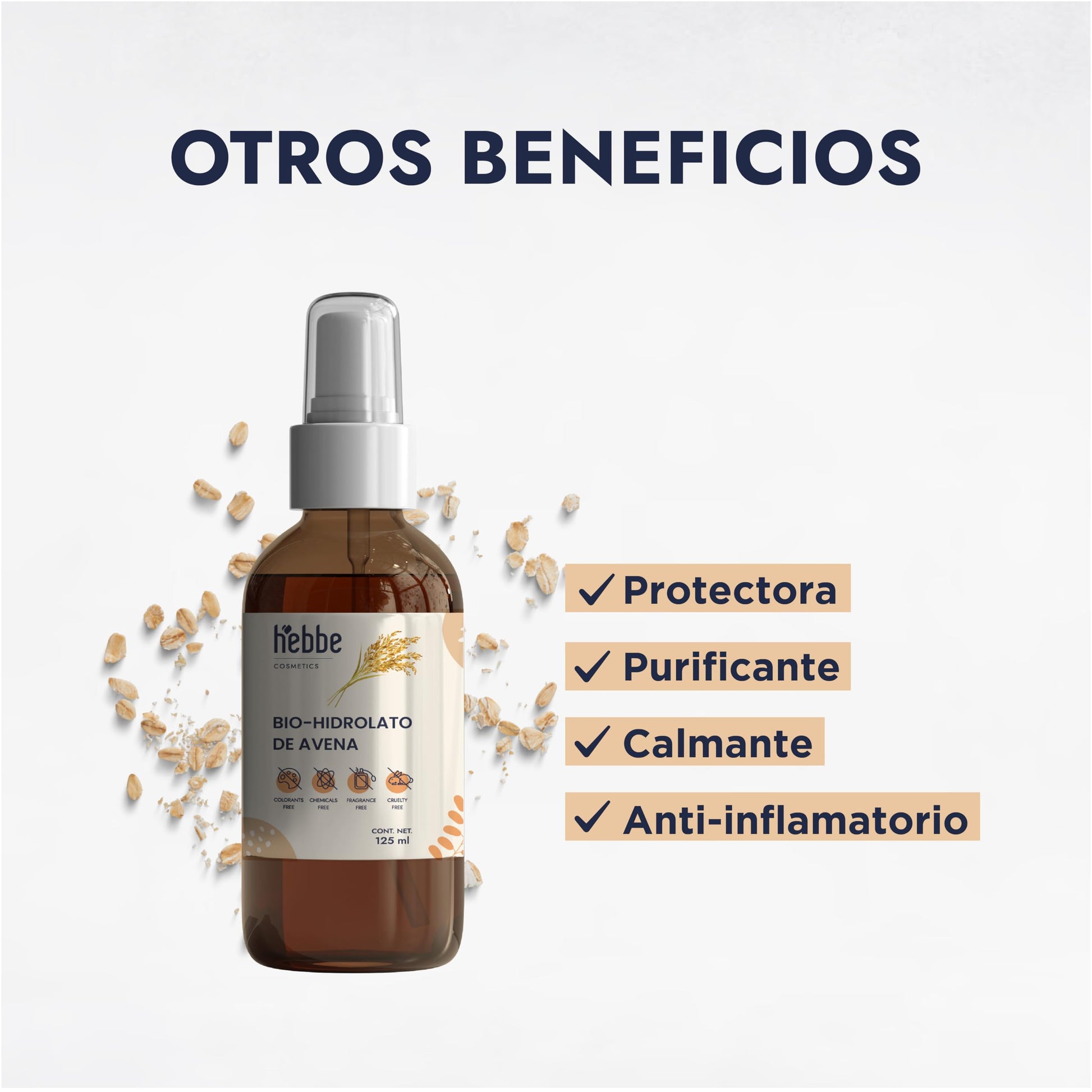 HEBBE - Hidrolato de Avena 120 ml | Capa Protectora que Evita la Pérdida de Agua | Previene la Irritación | Cuida, Regenera y Protege la Piel | Propiedades Antiinflamatorias | Mantiene el pH de la Piel | Contenido 120 ml