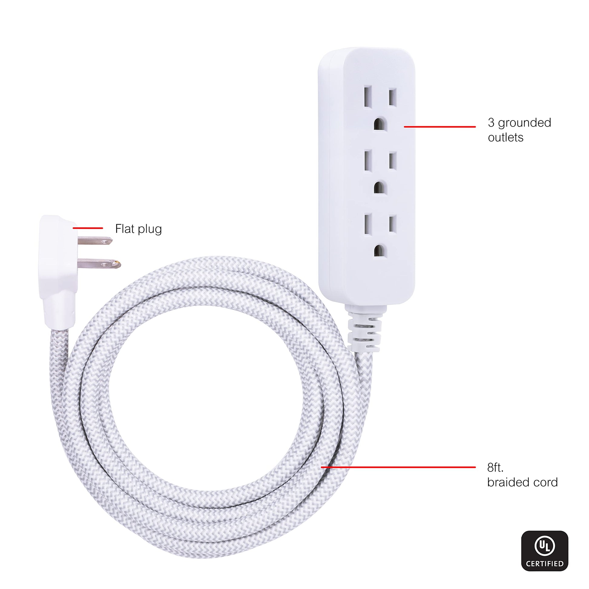 GE Pro Tira Multicontactos De 3 Salidas con Supresor de Picos, Enchufe Plano, Cable De Extensión Trenzado De 2.4 m (8 Pies) 250 Julios, Conectado a Tierra Certificacion UL, Blanco/Gris, 1 Unidad 38433