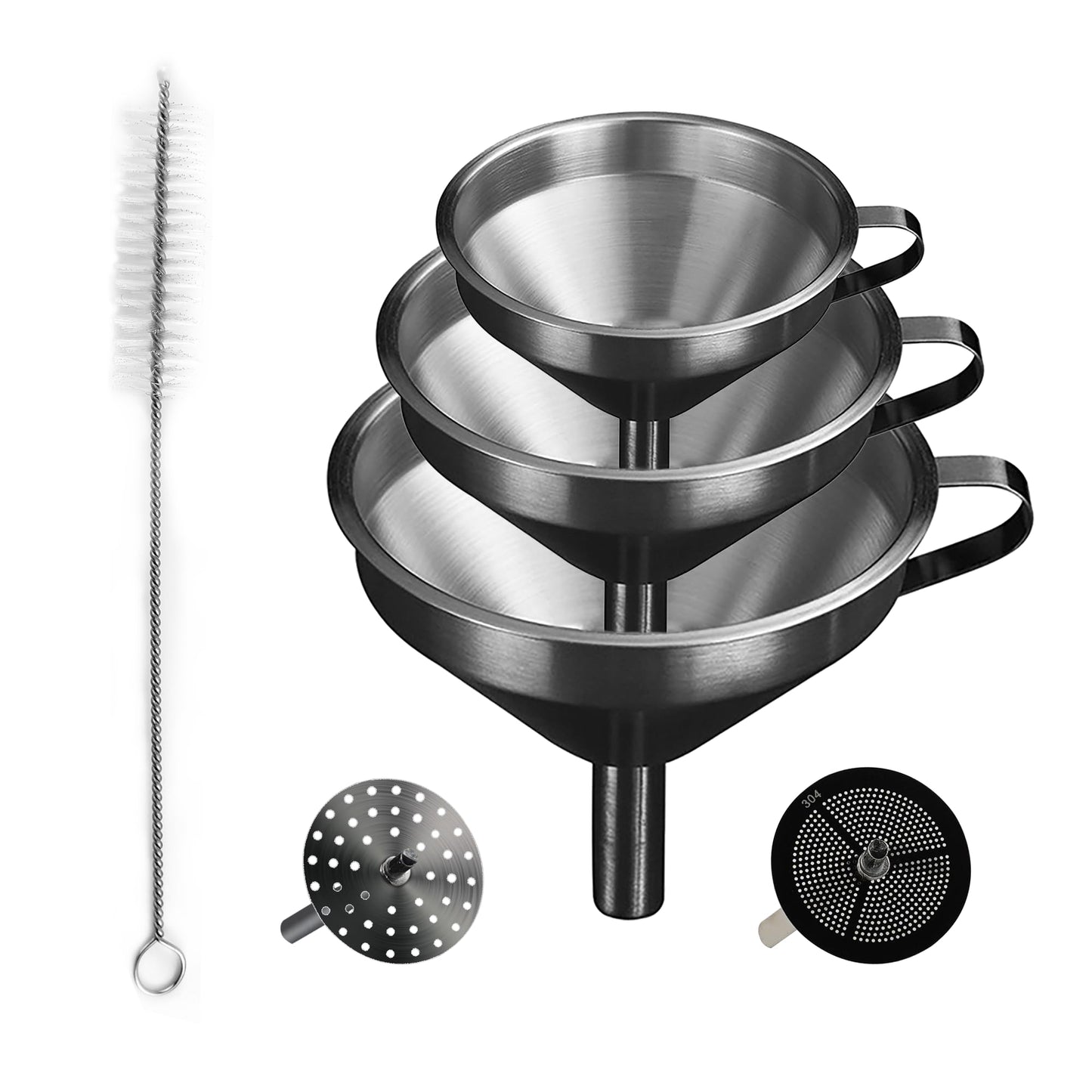 IoF - Juego de embudos grandes de acero inoxidable, embudos de metal para llenar botellas para uso en cocina con filtro de aceite de malla, filtro de aceite de grado alimenticio, especias en polvo,