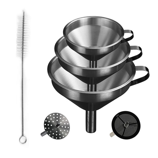 IoF - Juego de embudos grandes de acero inoxidable, embudos de metal para llenar botellas para uso en cocina con filtro de aceite de malla, filtro de aceite de grado alimenticio, especias en polvo,