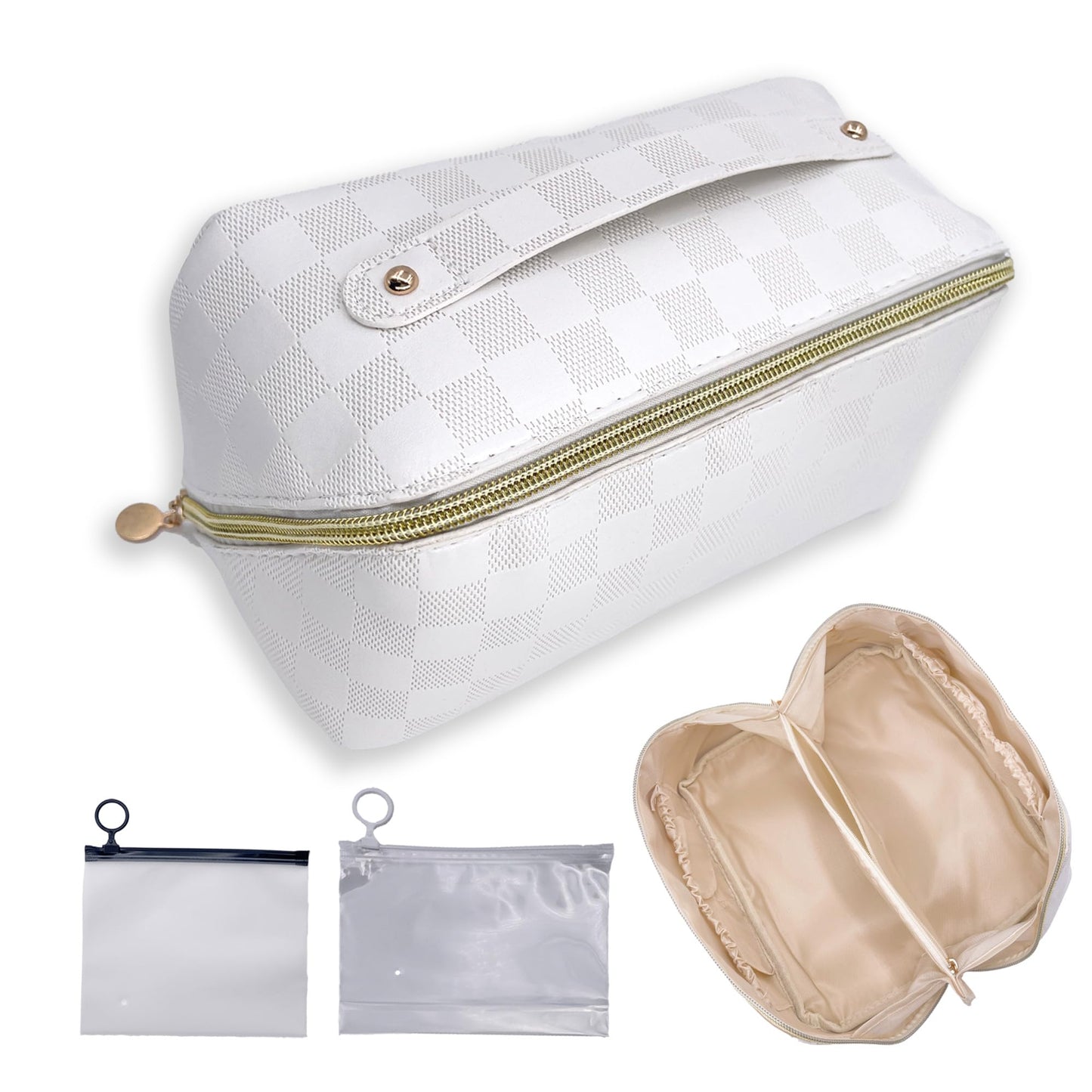Meruya Bolsa de maquillaje de viaje, organizador de cosméticos de múltiples bolsillos con apertura amplia y divisor, bolsa de aseo de piel sintética con 2 mini bolsas de almacenamiento, Blanco