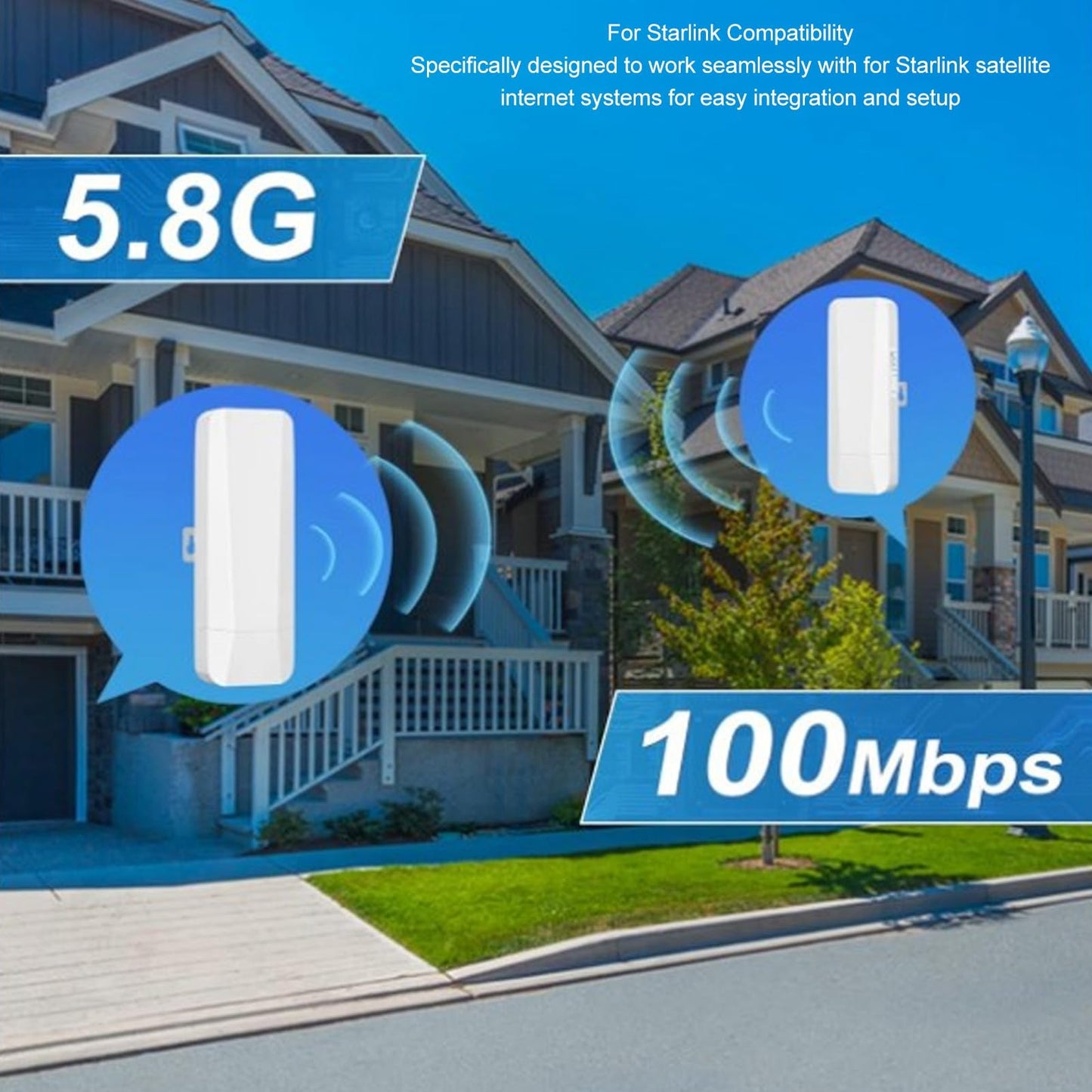 Puente Inalámbrico para Internet Satelital Starlink, Puente WiFi Punto a Punto 5.8G, 3KM Larga Distancia, 2 Puertos LAN RJ 45 Puente WiFi Ethernet con Antena Alta Ganancia de