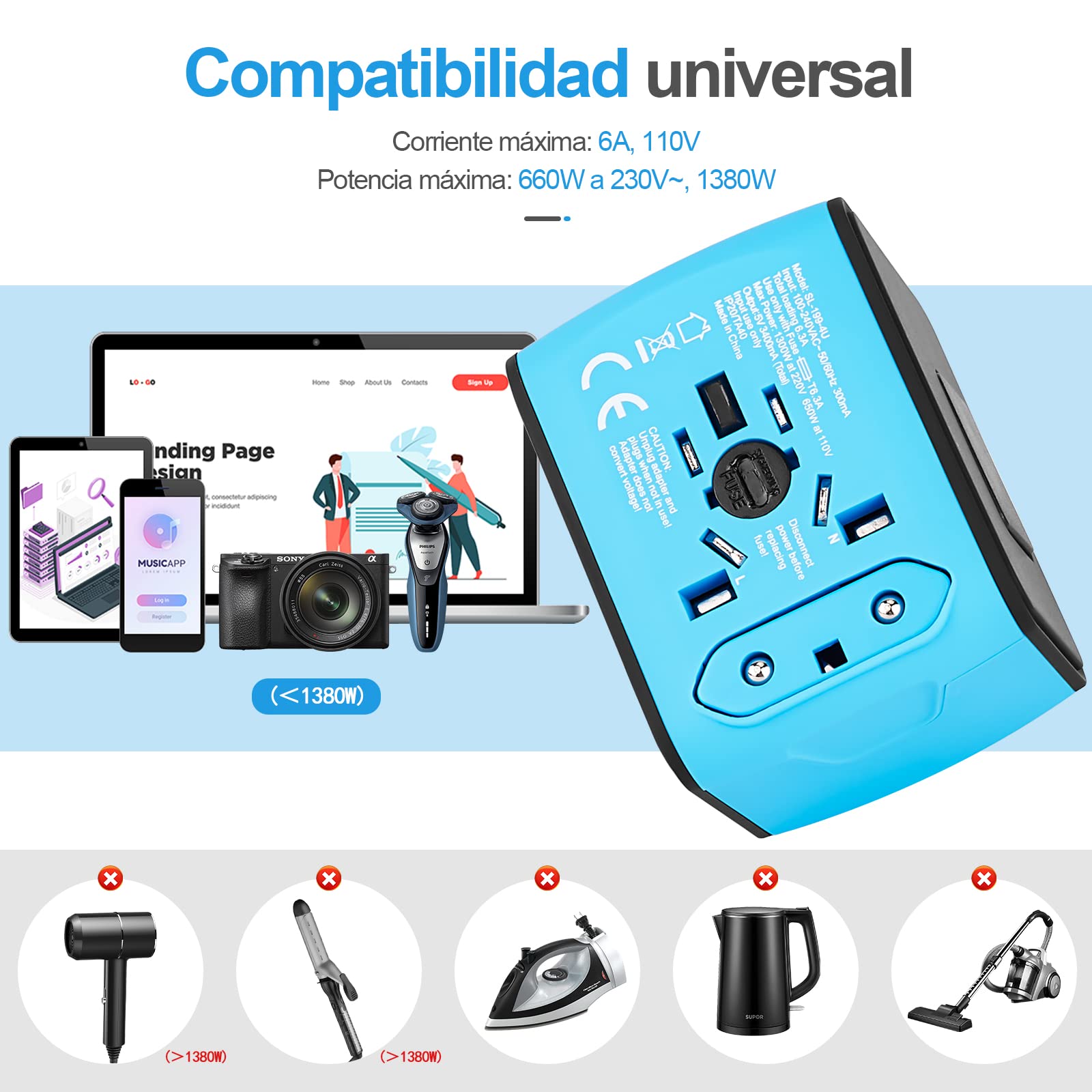 Adaptador de Viaje Universal YOMYM Blanco Seguridad Integrada Con 4 USB