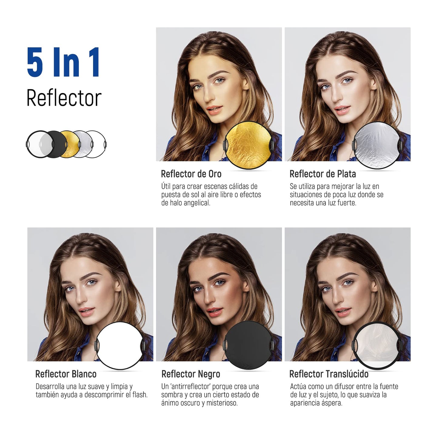 NEEWER Reflector de Luz de 22"/56cm con Empuñadura Rosca 3/8", Difusor de Luz de Disco Plegable 5 en 1 Translúcido/Plateado/Dorado/Blanco/Negro para Iluminación Fotográfica, para Exteriores, RF-110II