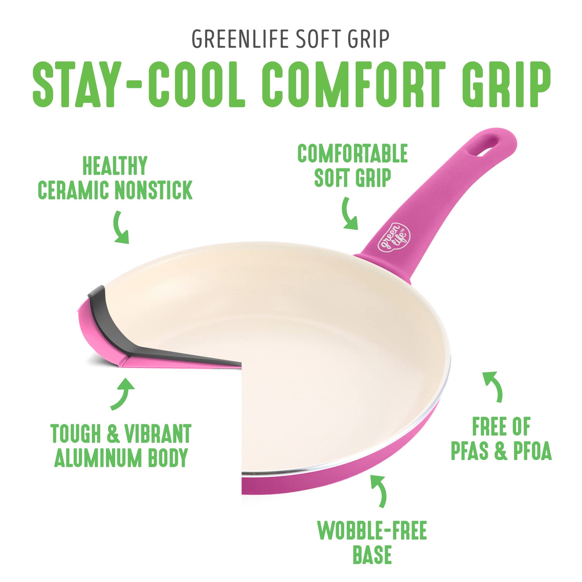 GreenLife - Juego de cacerolas antiadherentes de cerámica Soft Grip Healthy con tapas, 1 y 2 cuartos de galón, rosa brillante