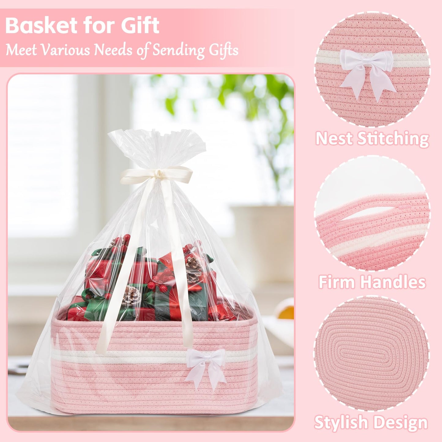 OIAHOMY - Cesta de almacenamiento tejida grande con asas para guardería, estantes de sala de estar, cesta de lazo para regalos vacía con bolsas de regalo y cintas para baby shower, contenedor de