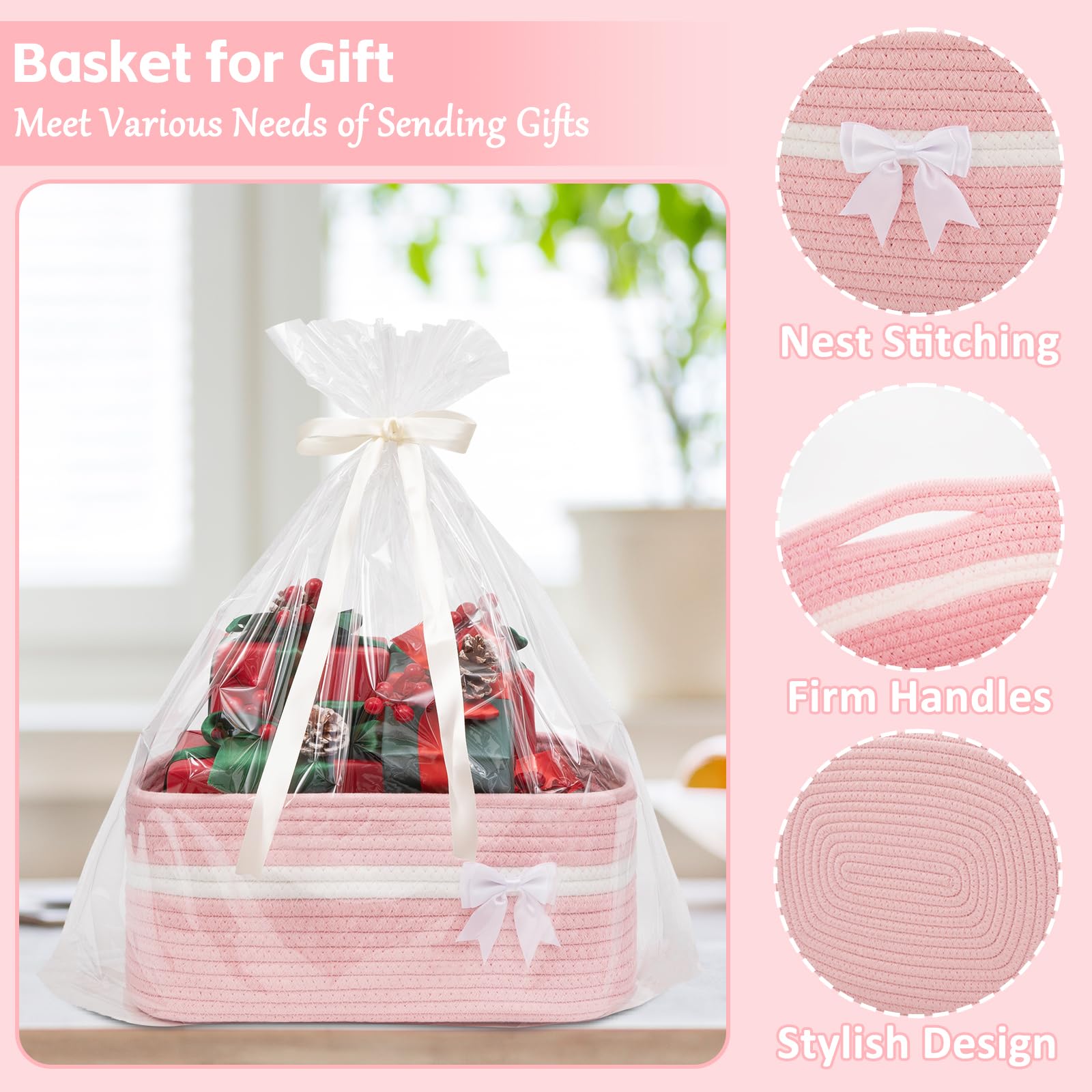 OIAHOMY - Cesta de almacenamiento tejida grande con asas para guardería, estantes de sala de estar, cesta de lazo para regalos vacía con bolsas de regalo y cintas para baby shower, contenedor de