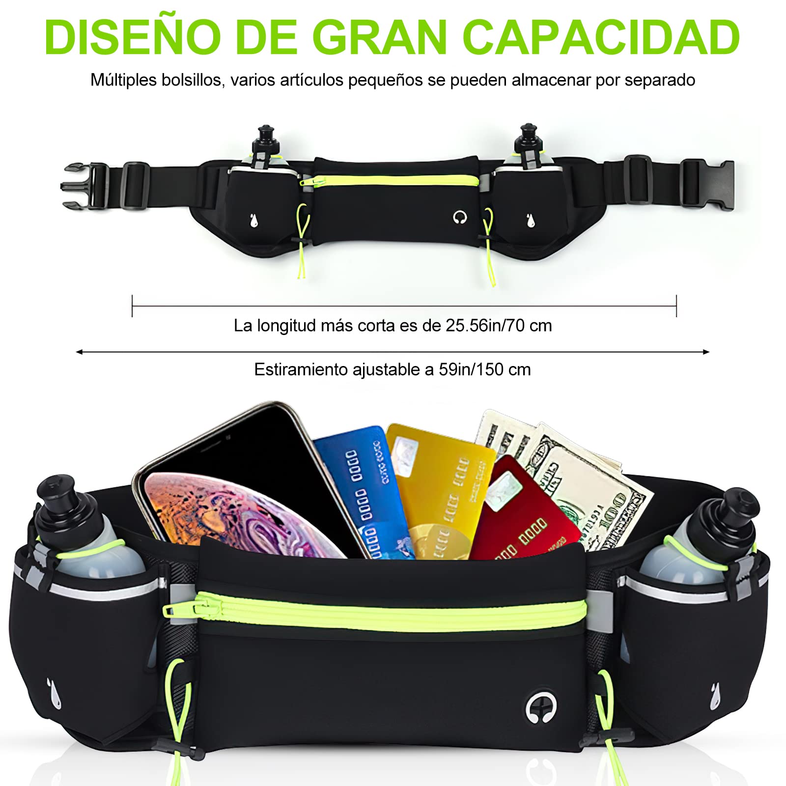 Cangurera Deportiva HONGHCL Verde con 2 Botellas de Agua y Cinturón Regulable para Correr