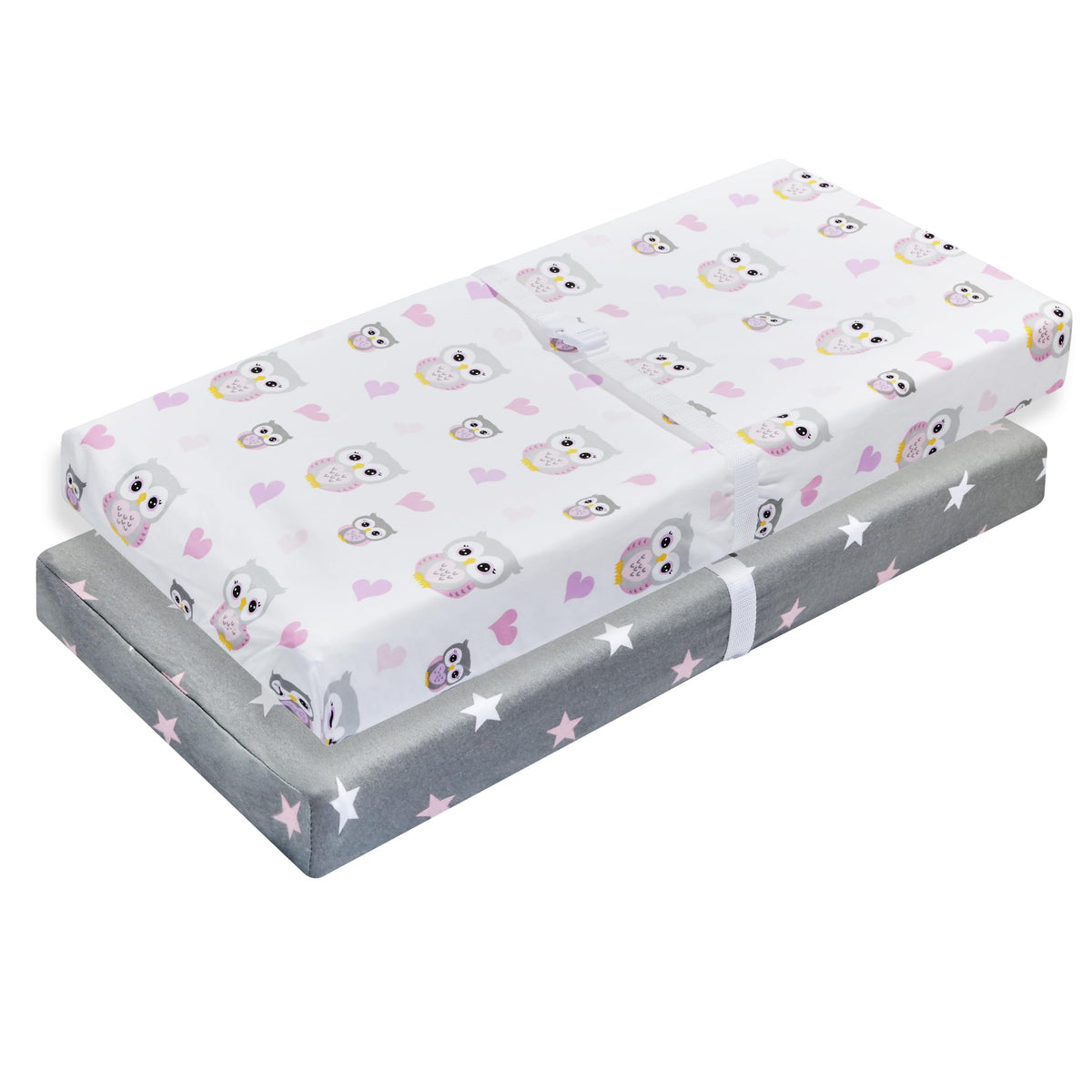 EVERYDAY KIDS Paquete de 2 fundas para cambiador de bebé para niña – Se adapta a la mayoría de cambiadores de mesa; tela de punto de jersey 100% algodón, transpirable, suave cambiador, rosa, búhos morados y rosa, estrellas blancas