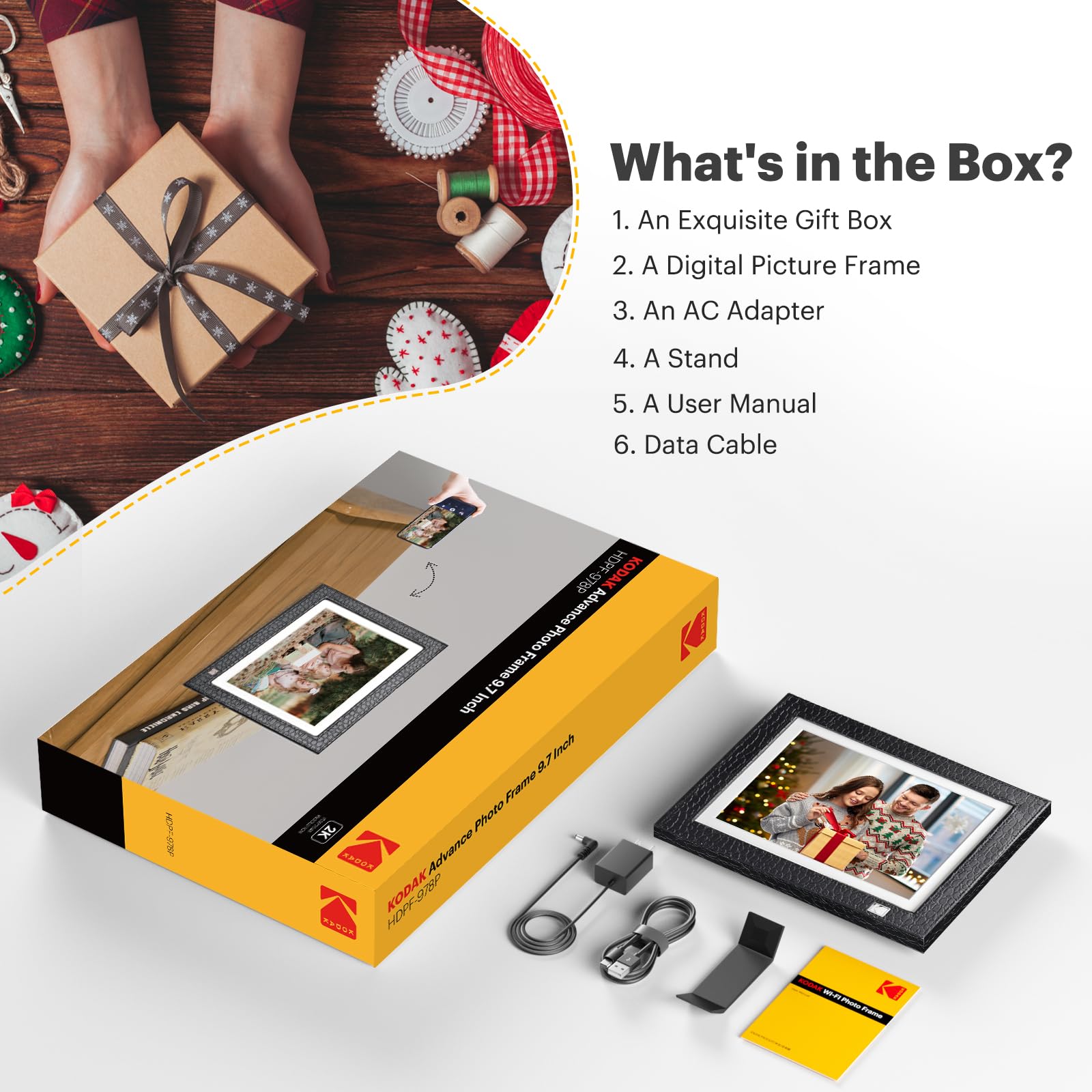 KODAK - Marco de fotos digital con WiFi, visualización táctil IPS de 9.7 pulgadas 2048 x 1536, almacenamiento de 32 GB, sensor de movimiento de rotación automática, compartir fotos y videos, regalos