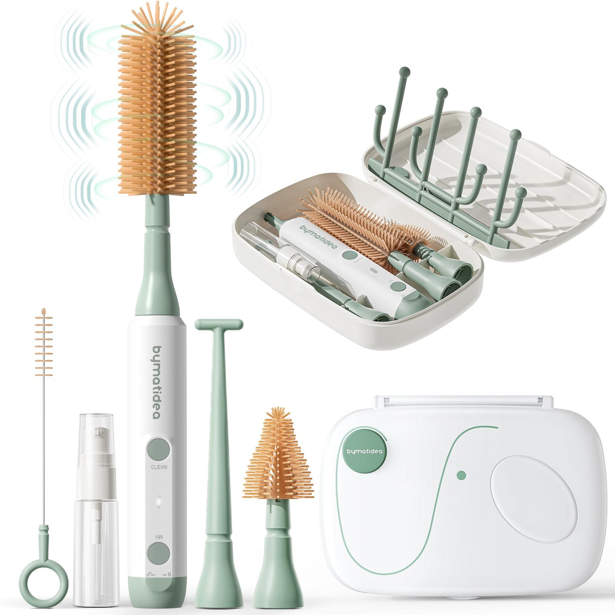 Bicboz Cepillo limpiador de biberones eléctrico, kit de viaje 8 en 1 con caja de almacenamiento, silicona de grado alimenticio, impermeable, batería de larga duración, juego de cepillos limpiadores de
