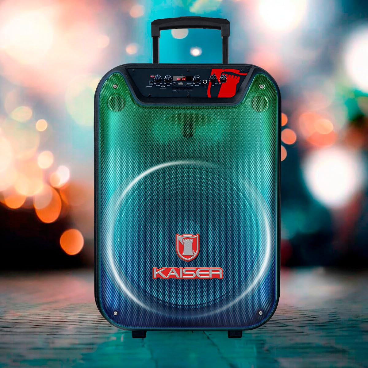 Bocina Profesional de 15 Pulgadas con Luz Flama Frontal Recargable, 35W RMS, Bluetooth, FM, USB, Micro SD, Aux, Micrófono Alámbrico y Ruedas para fácil transportación y manija retráctil KSW-3515