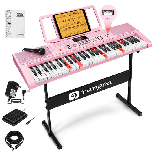 Teclado de Piano Vangoa Rosa 61 Teclas Kit Portátil con Micrófono para Niños y Estudiantes