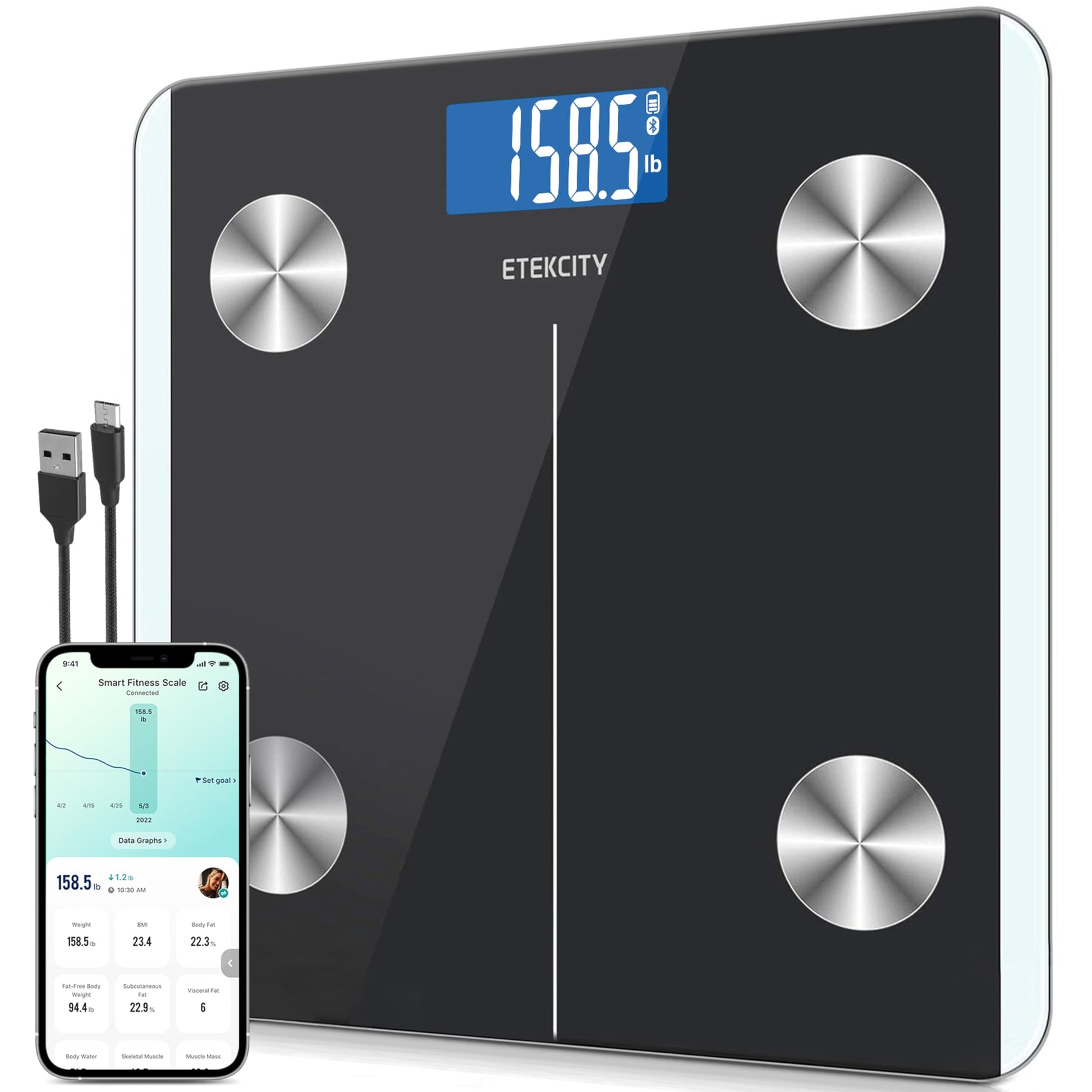 Etekcity Báscula digital de peso corporal, analizador de grasa corporal recargable con Bluetooth inteligente que realiza 2 composiciones clave, 400 libras, negro, 1 unidad