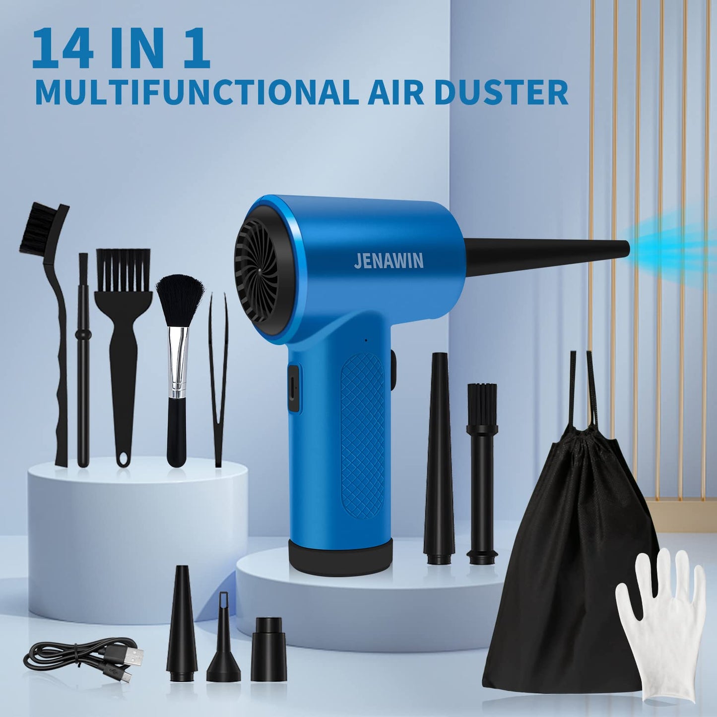 Jenawin - Plumero eléctrico de aire comprimido, 3 velocidades 91000 RPM, 8000 mAh recargable, kit 14 en 1 con LED, para computadoras, teclados, coches y más