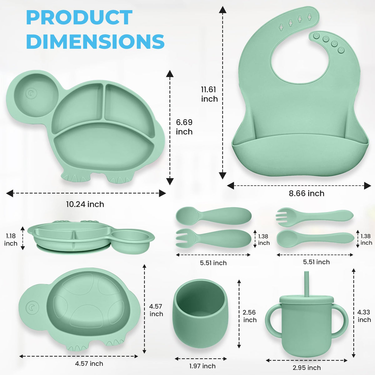 DELICADOU Set De Alimentación De Silicona para Bebés - 9 Piezas - Utensilios para La Primera Etapa De Alimentación De Alimentos Sólidos. A Partir De Los 6 Meses. Forma De Tortuga.