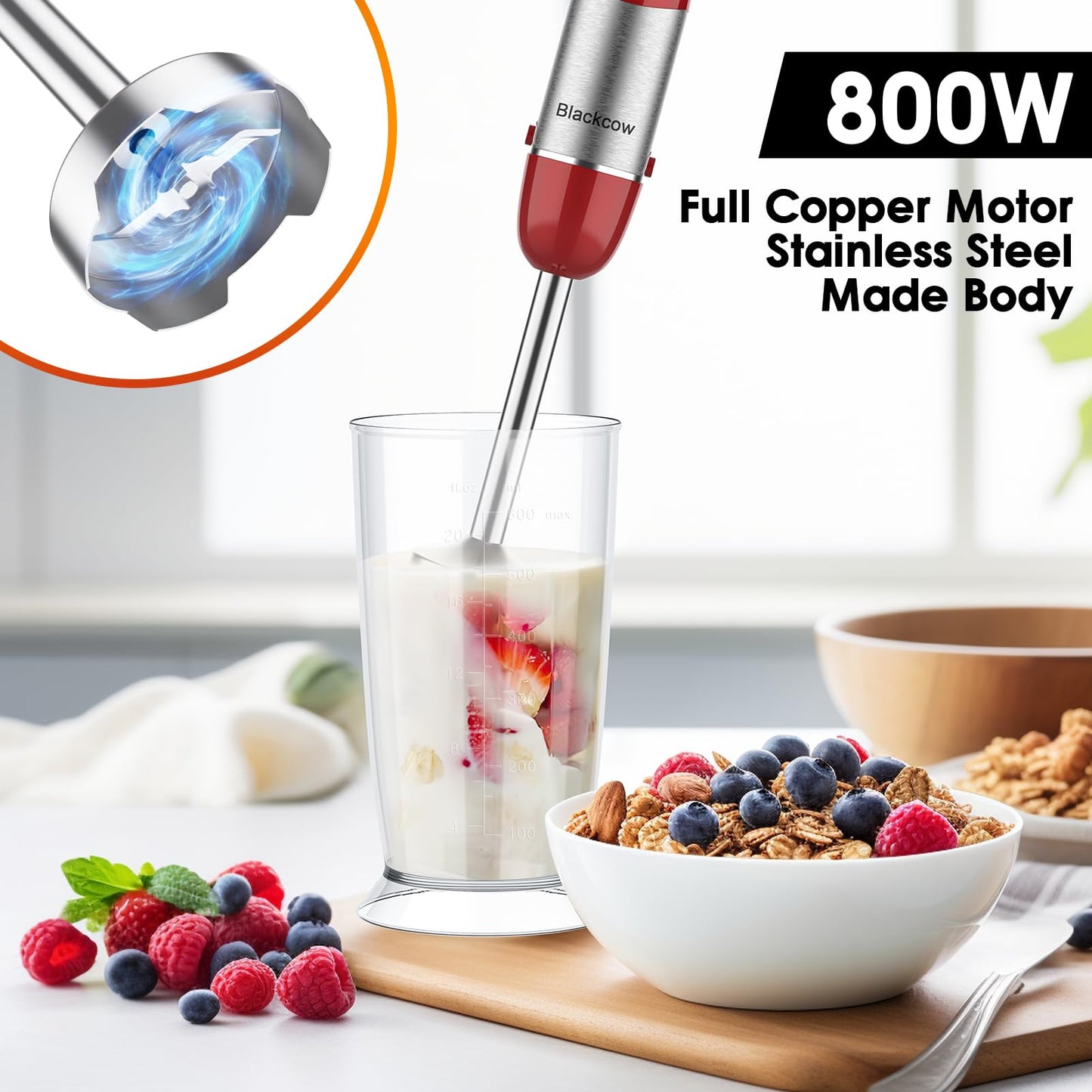 Blackcow Batidora de inmersión de mano, eléctrica de acero inoxidable con accesorios, picadora, batidor, espumador de leche, taza de medición (sin BPA)
