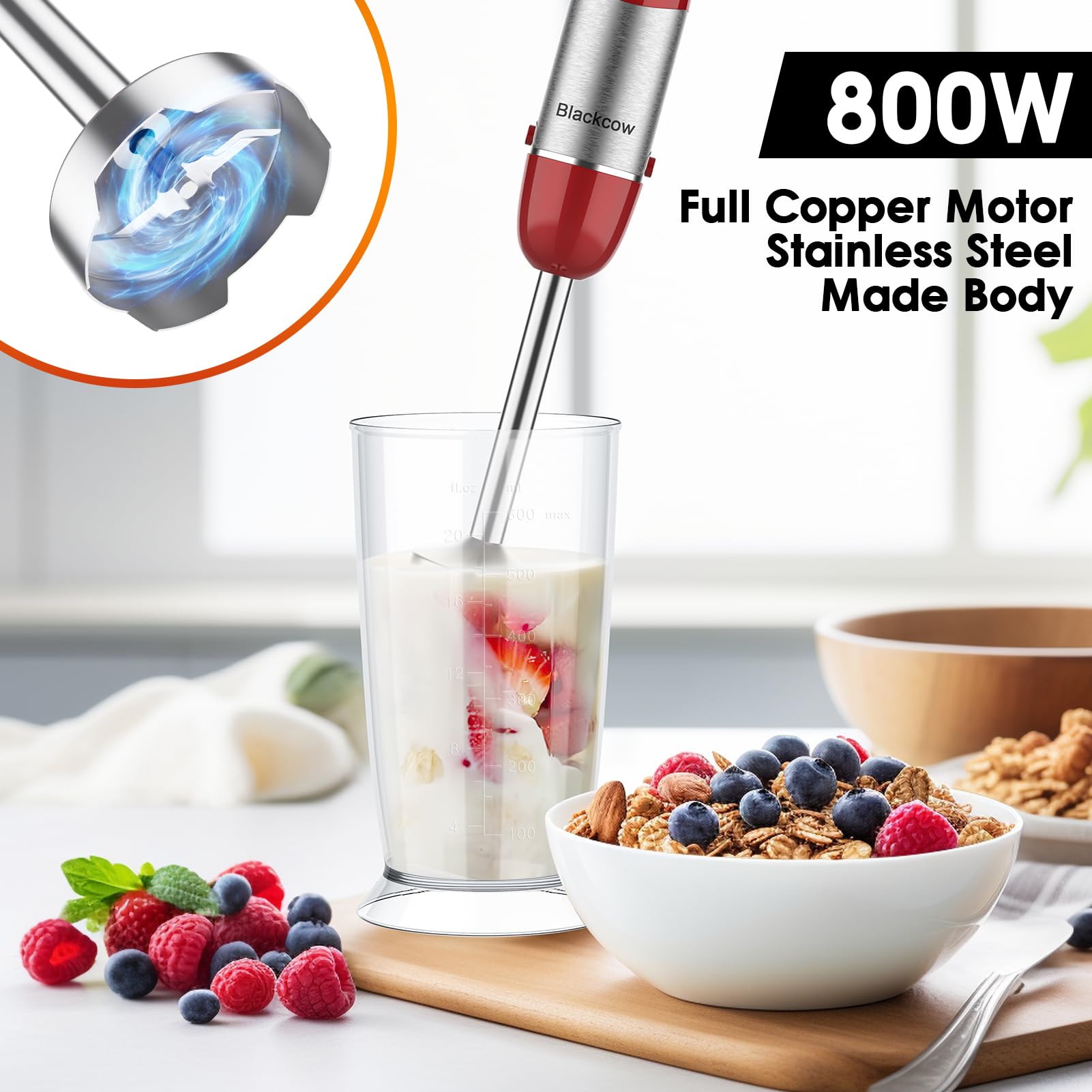 Blackcow Batidora de inmersión de mano, eléctrica de acero inoxidable con accesorios, picadora, batidor, espumador de leche, taza de medición (sin BPA)