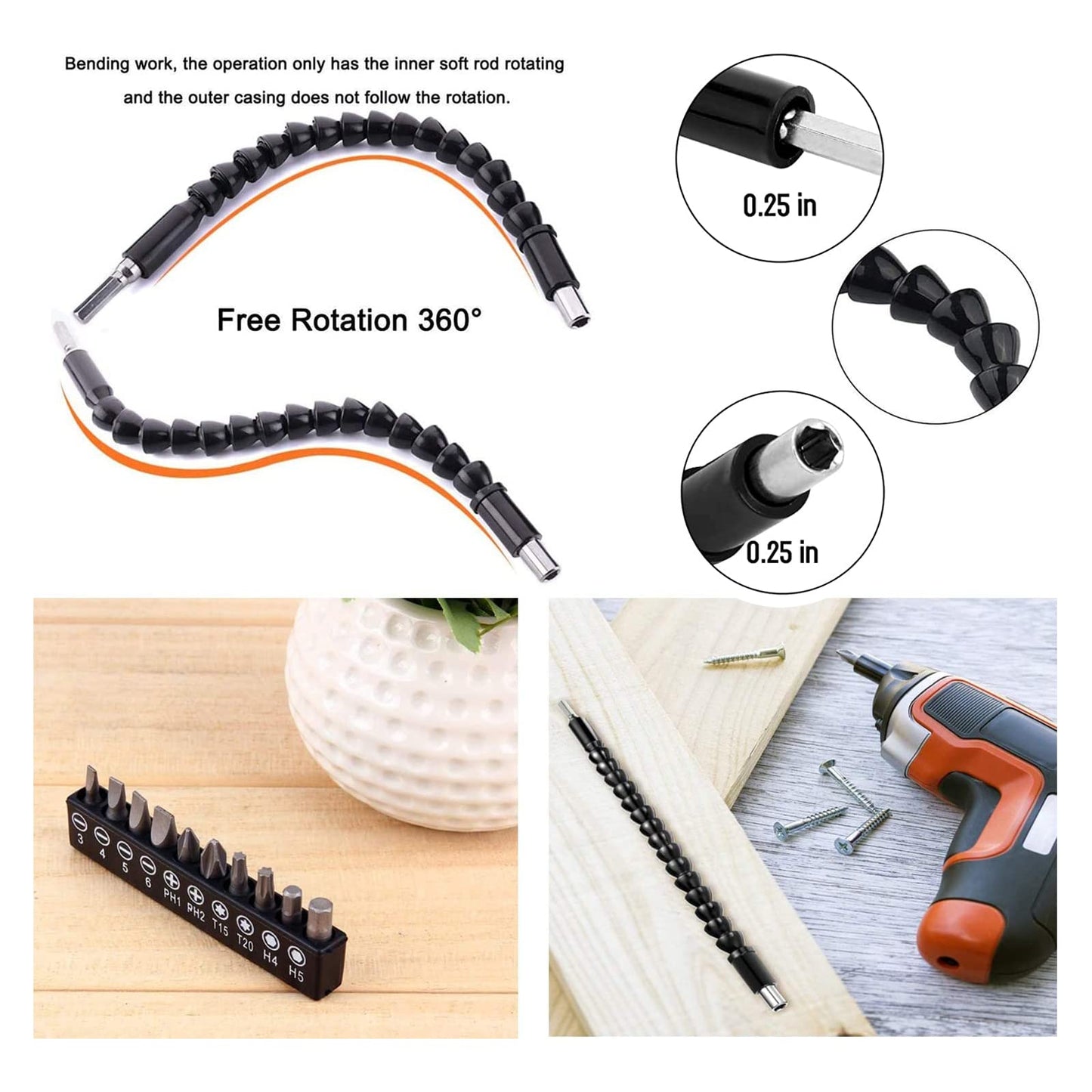 YIOYULEN - Extensión de broca flexible de 11.6 pulgadas, extensión de taladro magnético plegable, ángulo recto de 90° para eje magnético hexagonal suave para adaptador de taladro manual, tamaño hexagonal de 1/4 pulgadas, negro (12 piezas)
