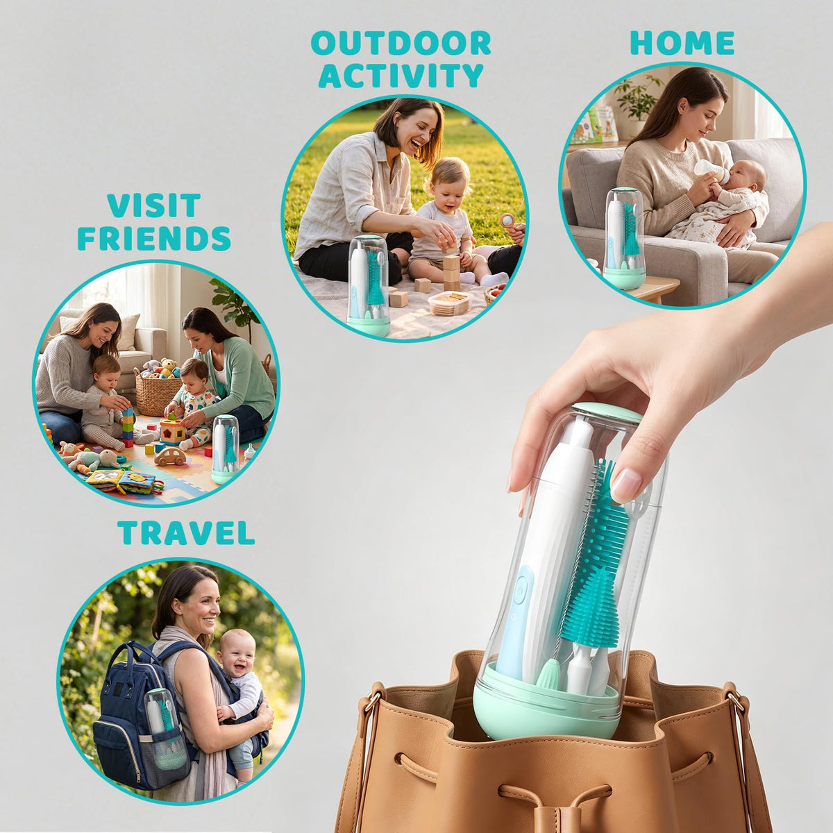 IvyWind Juego De Limpieza Automático De Biberones De Viaje Con Esterilizador UV Y Caja De Almacenamiento, Cepillo Eléctrico Para Biberones/Pezones/Pajitas En Silicona