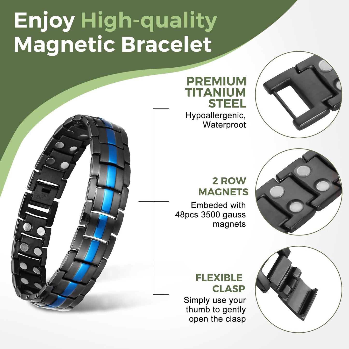 Pulsera Magnética de Terapia Hombre Acero Inoxidable Imanes Ajustable