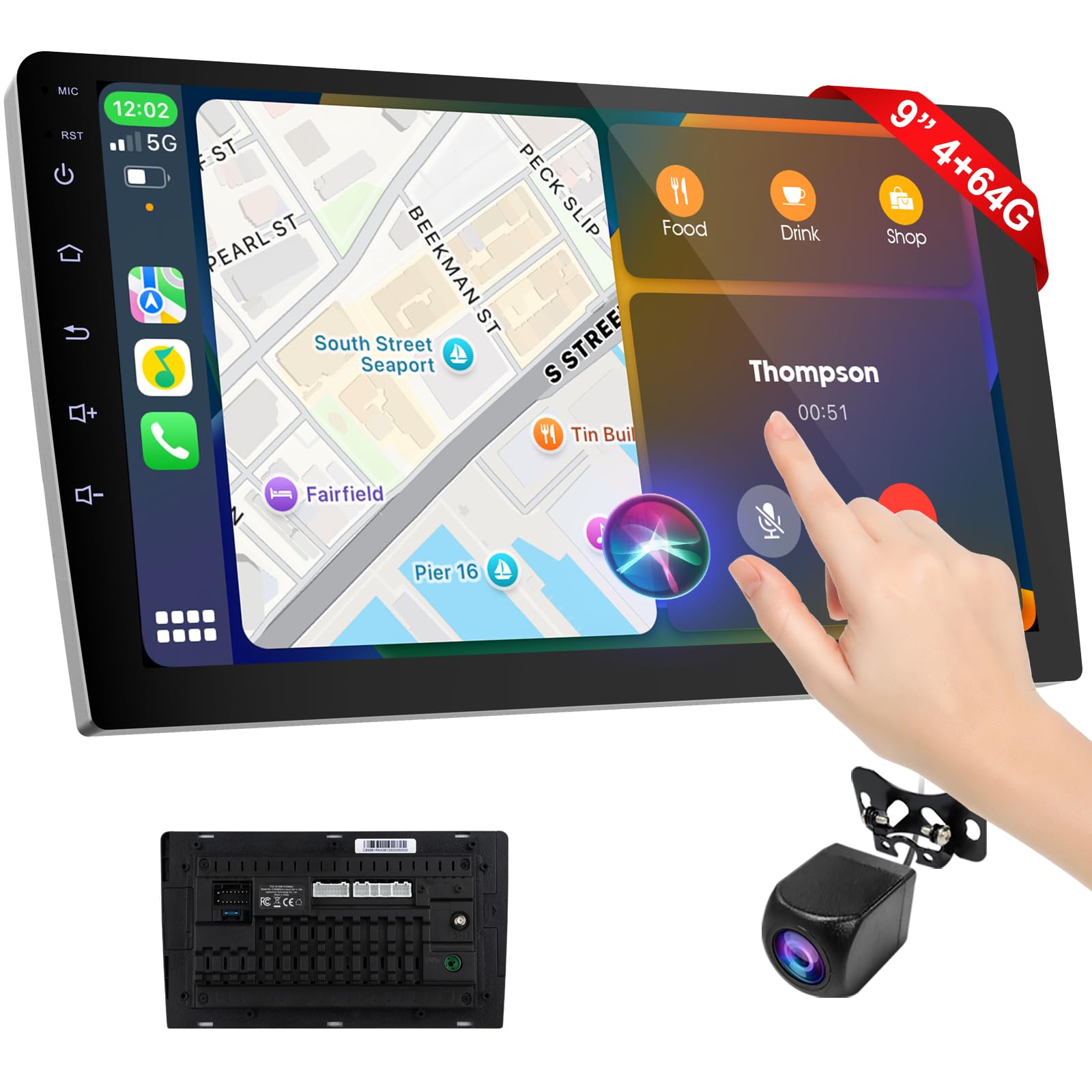 Visualización Inalámbrica Carplay 9 Pulgadas HD con Control de Voz y Cámara de Respaldo para Coche Estéreo