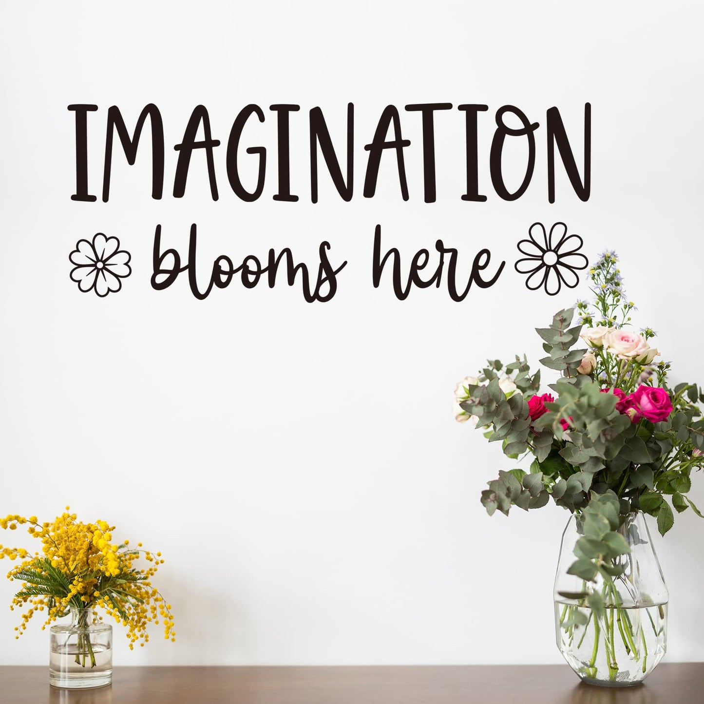 Imagination Blooms Here - Calcomanía de pared de vinilo inspiradora para sala de juegos para niños, decoración de aula