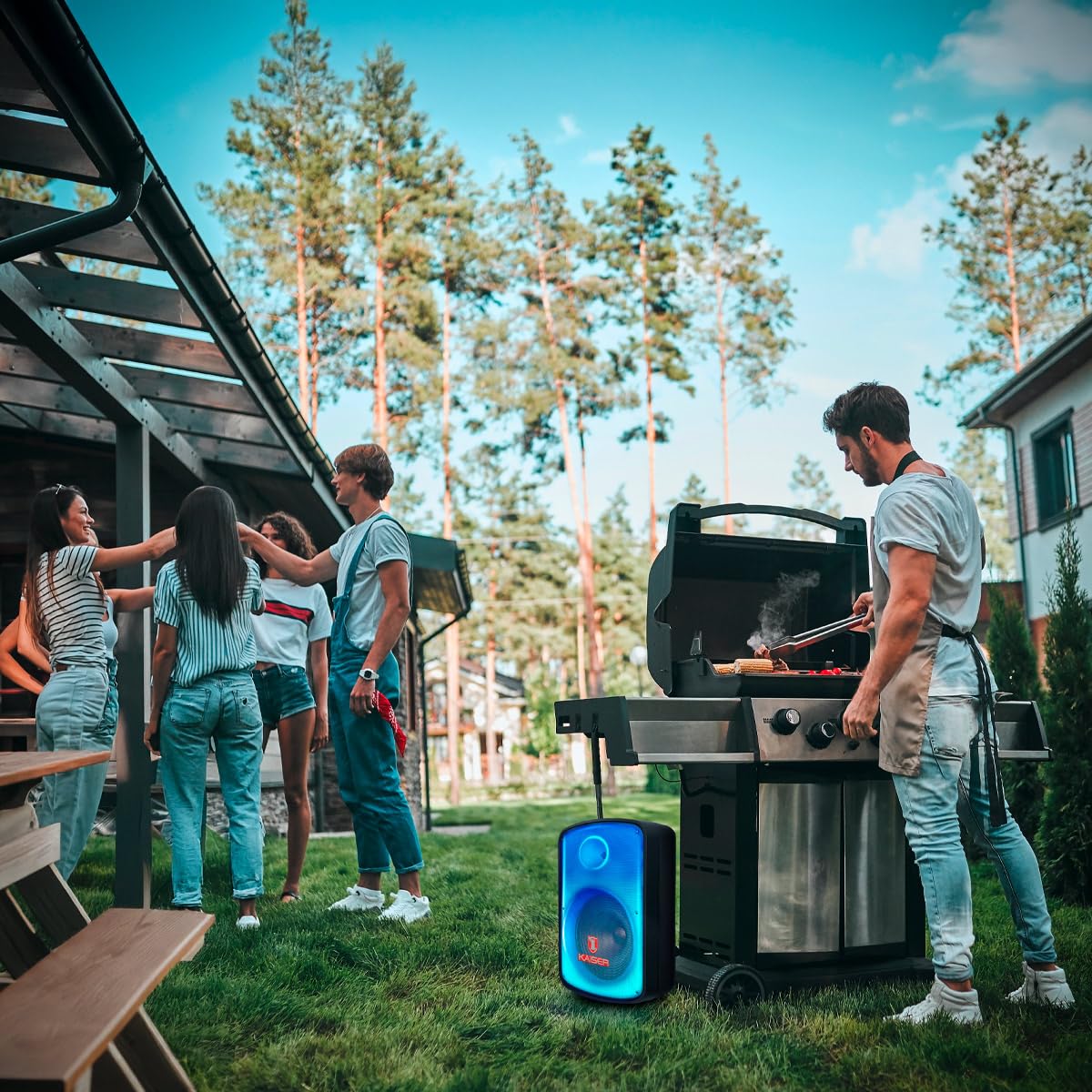 Kaiser Bocina Bluetooth de 8 Pulgadas con Luz Tipo Flama, KSR-Link, Recargable, FM, USB, Micro SD, Aux, Grabación, Micrófono Alámbrico, Control Remoto, Potencia 20W RMS KSW-1108