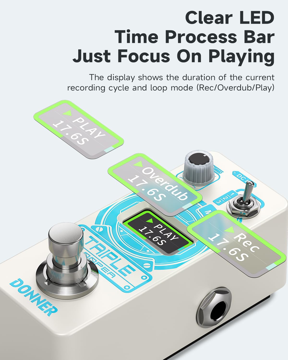 Donner Pedal de guitarra triple Looper de 90 minutos de bucle de tiempo con visualización, 3 bucles de bucle de pedal con overdubs ilimitados deshacer/rehacer