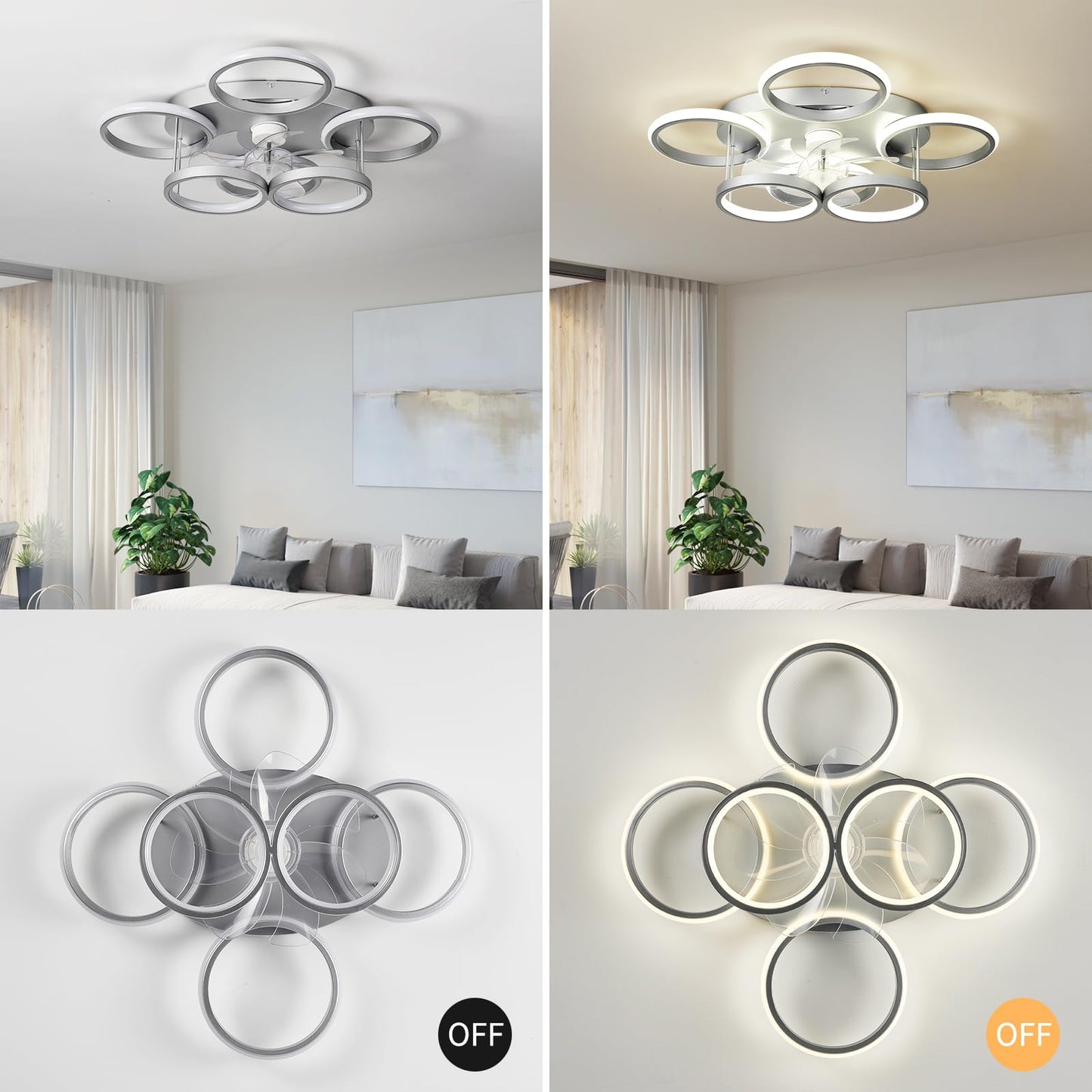 Lámpara de techo con ventilador de 25.6 pulgadas, moderno control remoto regulable Fandelier montaje empotrado, ventilador inteligente de techo de recámara con LED, cambio de color continuo de 3000 a
