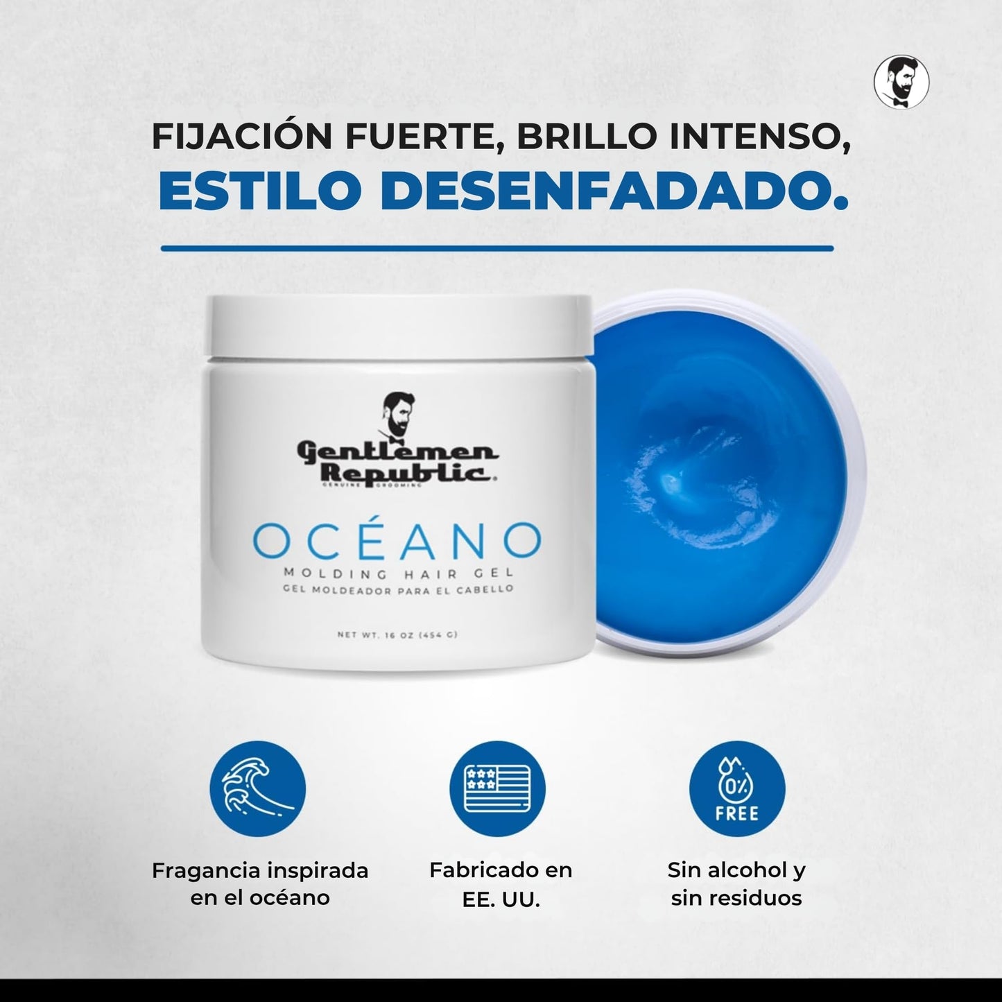 Gentlemen Republic Genuine Grooming Gel para el Cabello Oceano Men de Gentlemen Republic, 16 Oz con Bomba, Fijación Fuerte y Agradable al Tacto, Gel para Peinar el Cabello de Alto Brillo, Fórmula