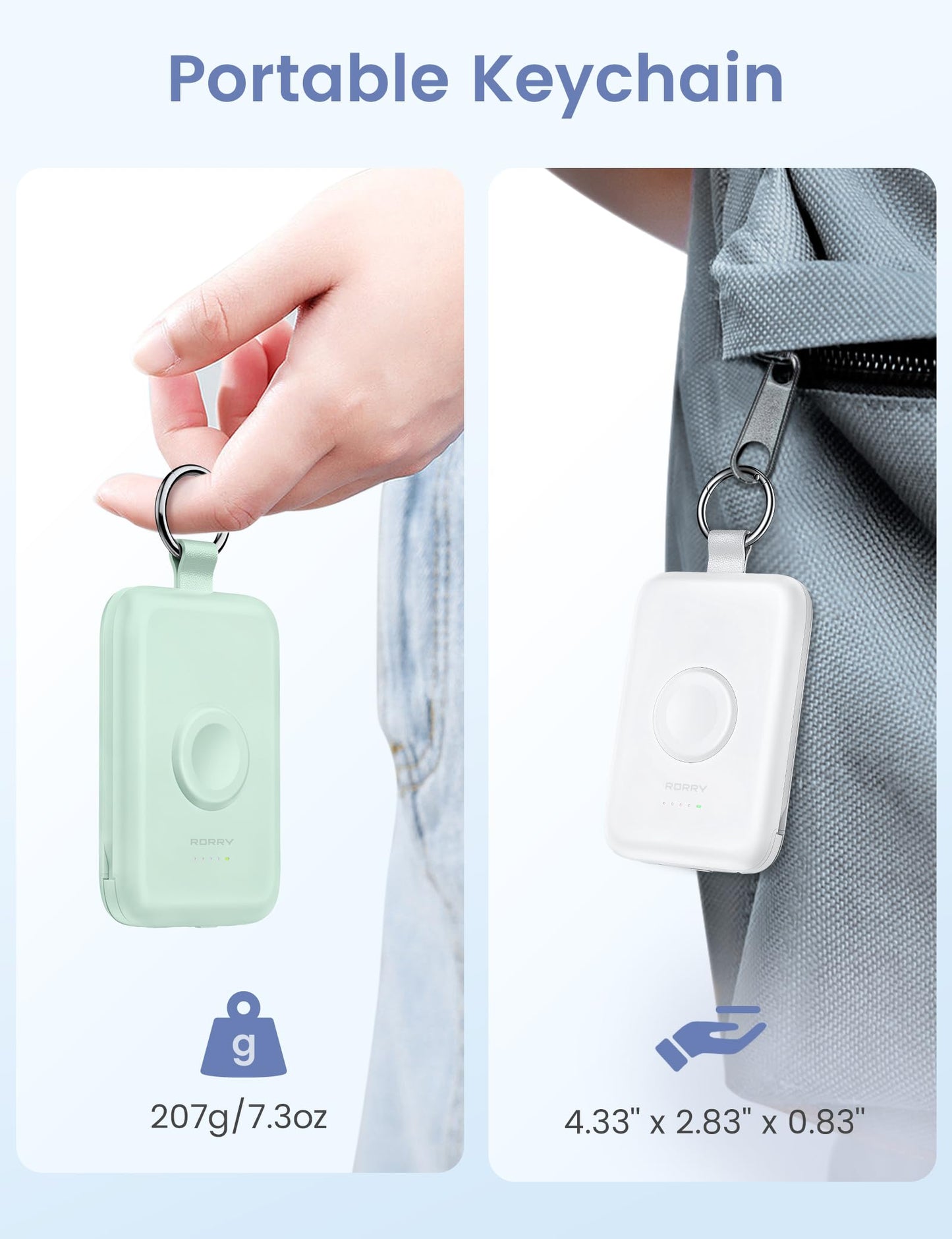 Power Bank RORRY Verde 10000mAh Pila Portátil con Cables Integrados para iPhone y Apple Watch