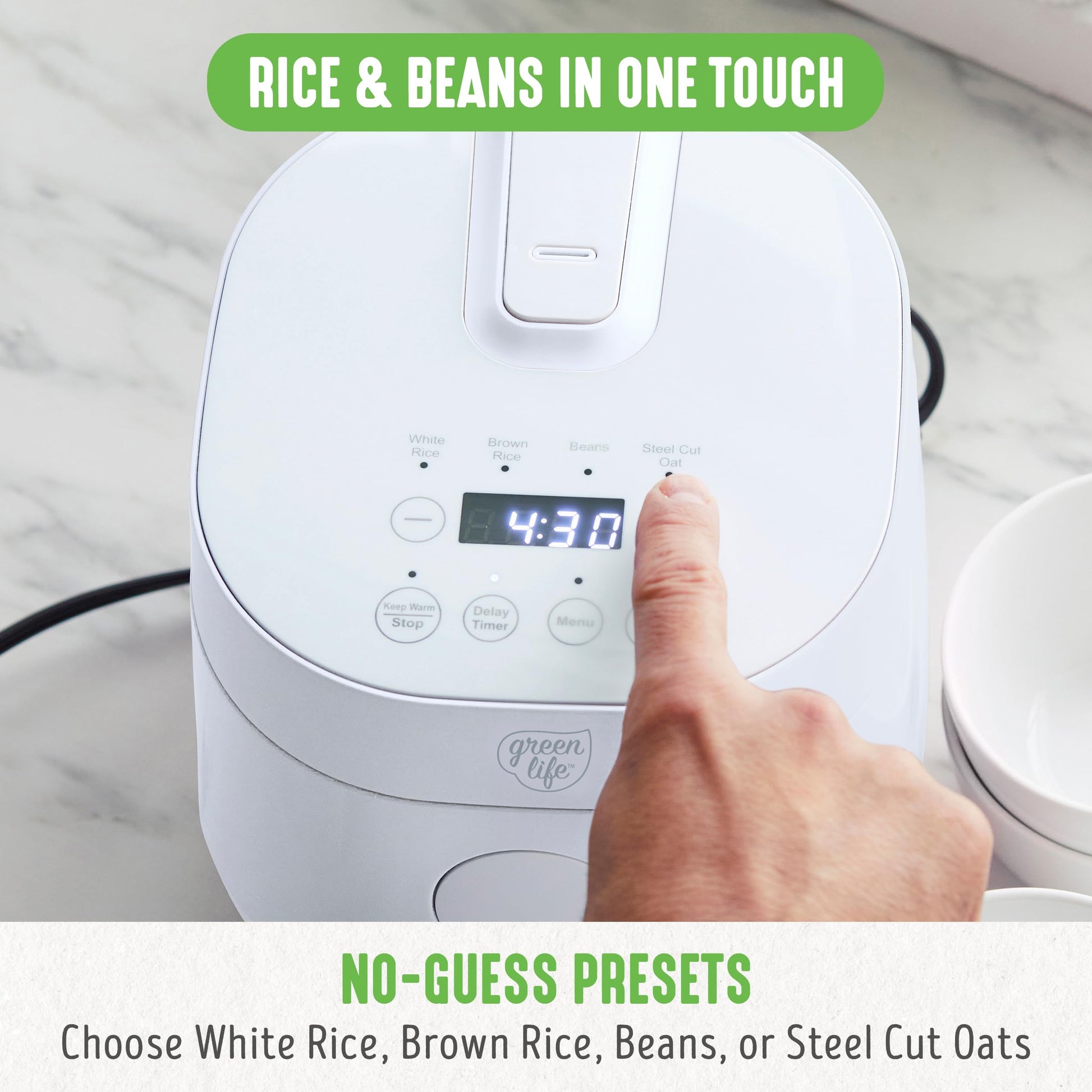 GreenLife - Olla digital de arroz y frijoles, 2 tazas sin cocinar/4 tazas cocidas, olla extraíble de cerámica antiadherente sin PFAS, preestablecidos de un solo toque, avena, quinua, arroz integral