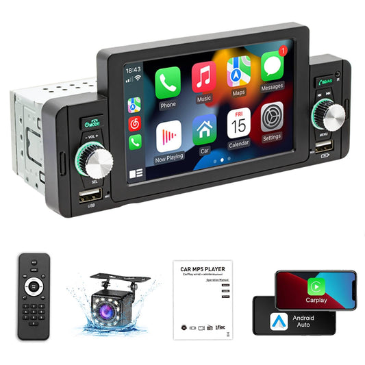 FINYQBET Estéreo 160C para Auto 5 Pulgadas con Bluetooth 5.1, CarPlay, Android Auto, Cámara de Reversa, Control de Volante, MP5, USB, RCA y Pantalla Táctil HD, Compatible con Vehículos de 12V