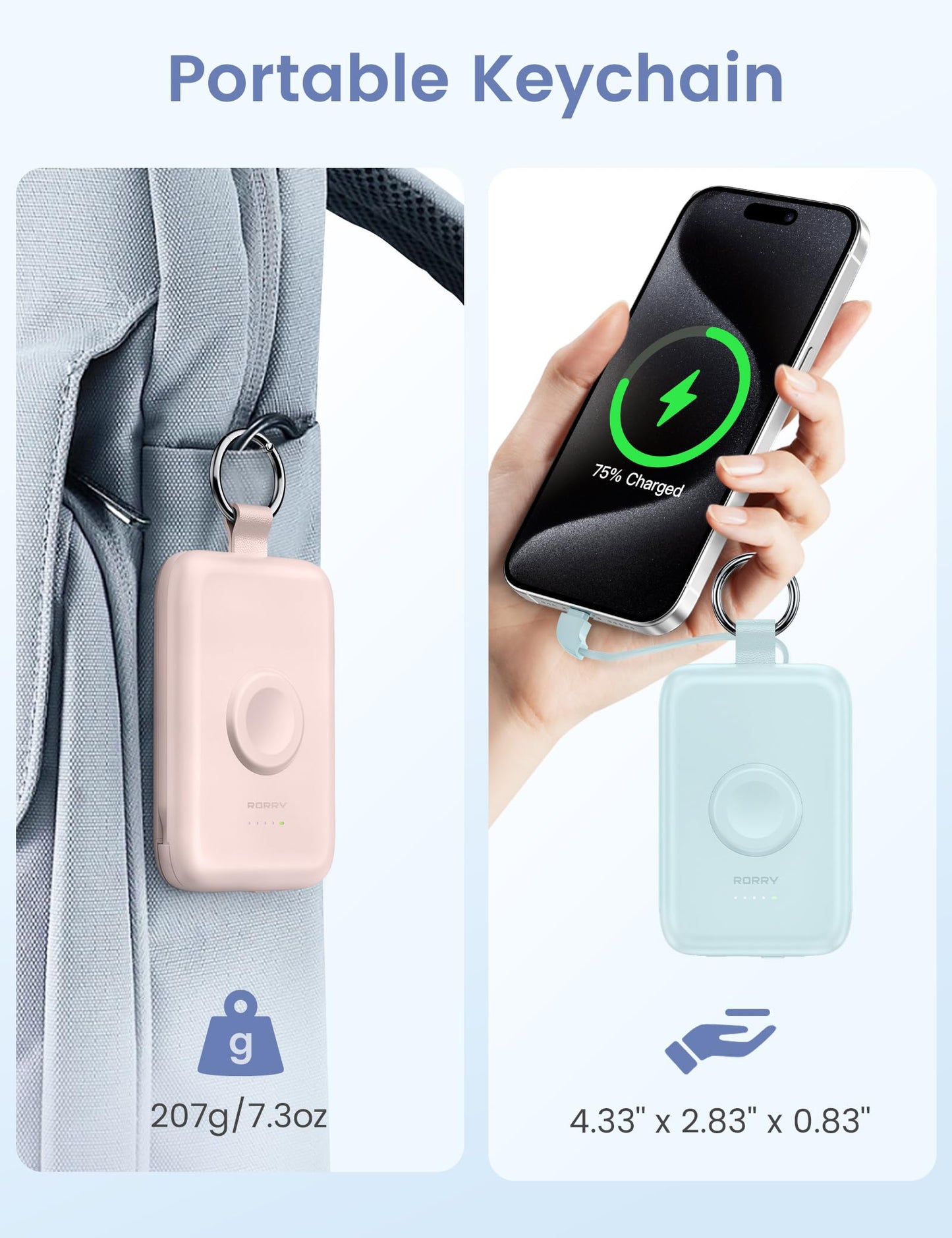 Power Bank RORRY Rosa 10000mAh Bateria Recargable con Cables Integrados para iPhone y Apple Watch