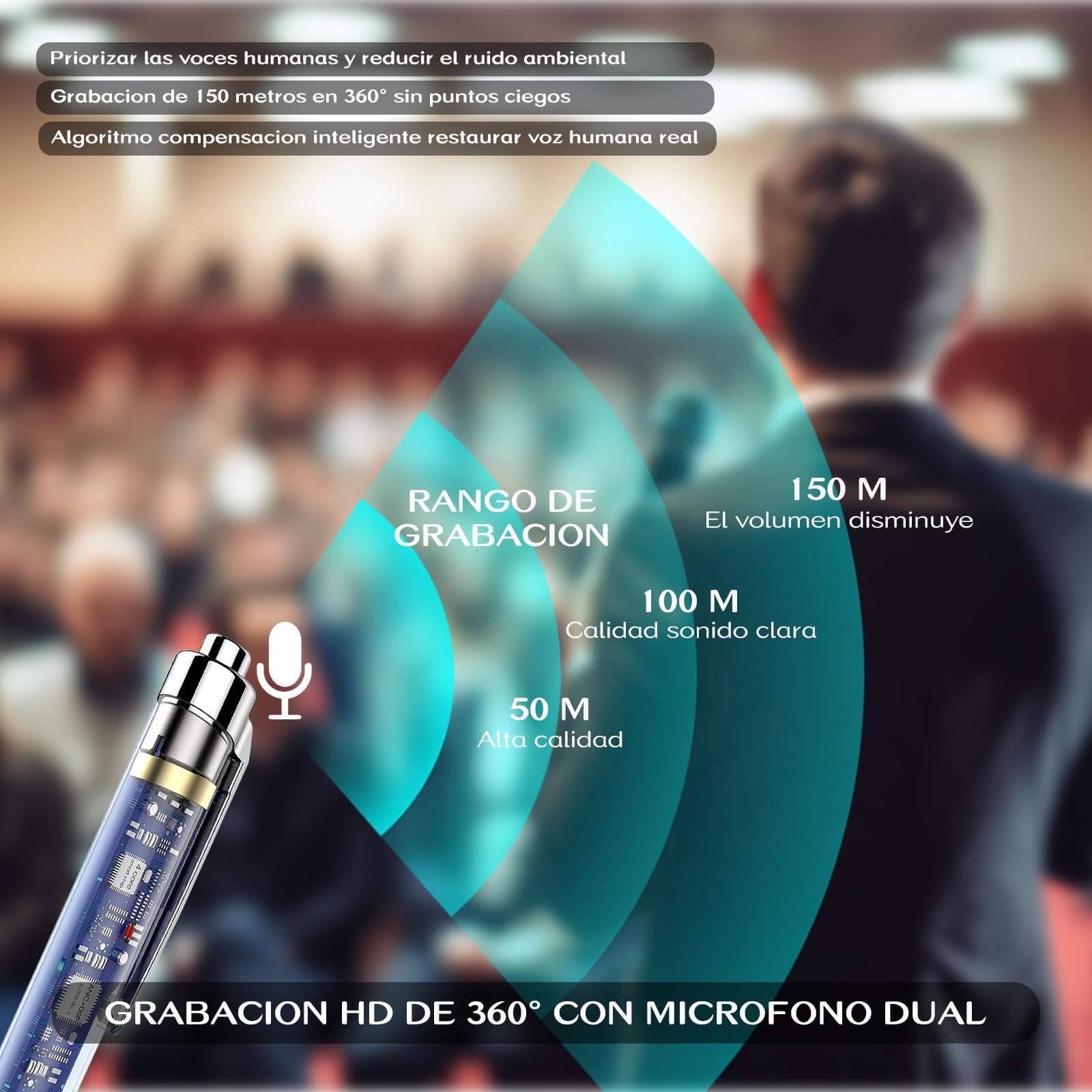 Grabadora de Voz 16GB Profesional con Transcripción a Texto,Reducción de Ruido AI,Diseño en Lápiz Metálico Ultra Delgado con 3 Recambios,para Clases,Reuniones y Conferencias(MP3/WAV,Memoria Ampliable)
